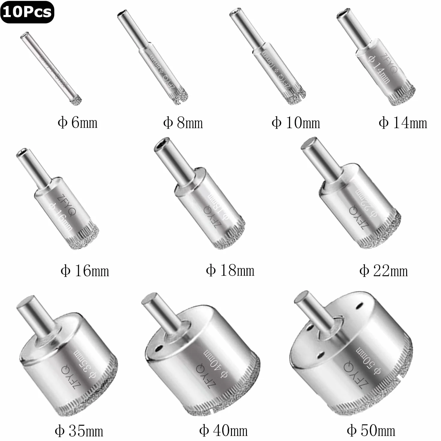 Broca Diamante, 10Pcs Juego de Taladro Diamante, Acero al Carbono, Perforar en Vidrio, Cerámica, Porcelana, Azulejo, Mármol, Ø6mm-50mm