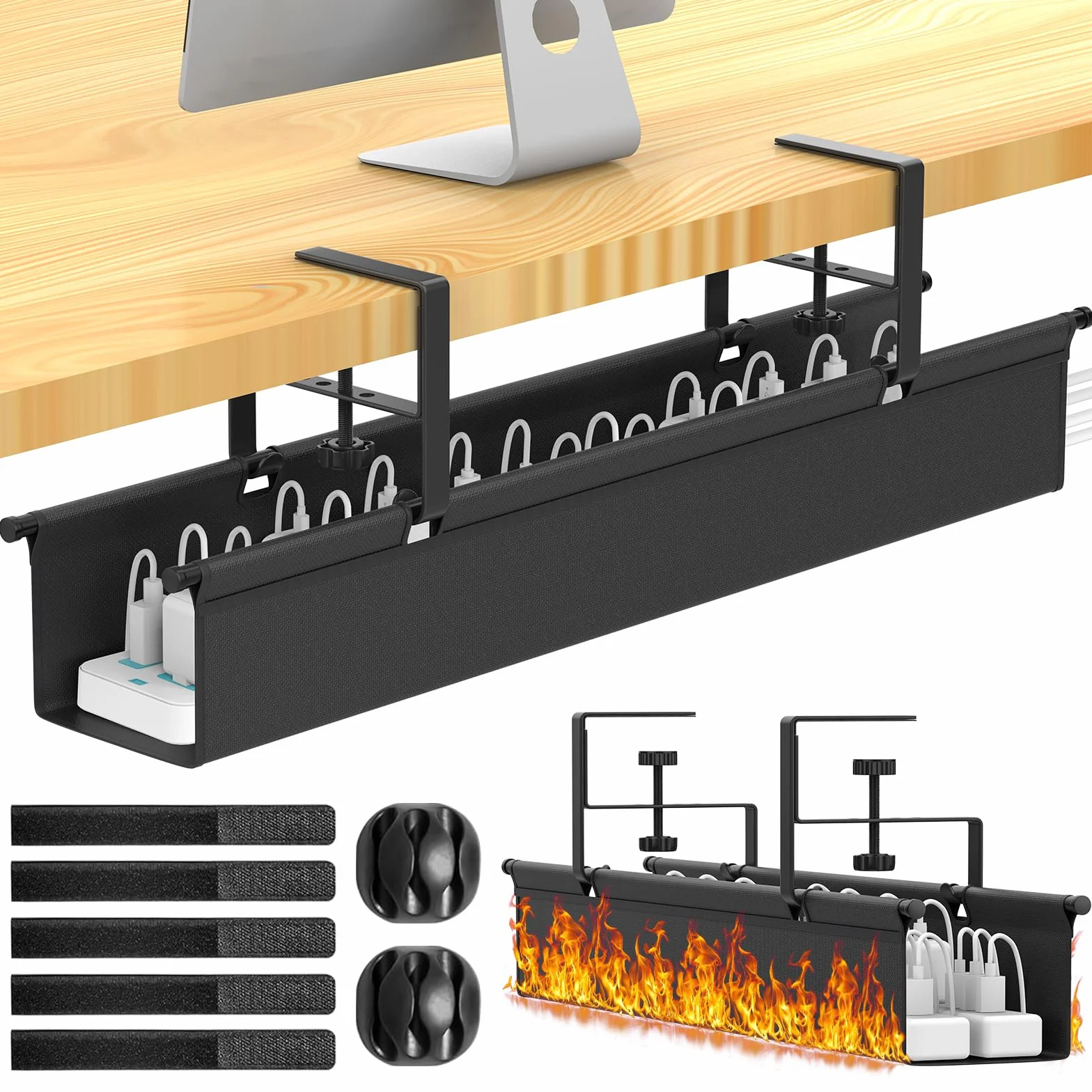 REFLYING 74cm Organizador Cables Escritorio, Bandeja Cables Escritorio sin Taladro, Recoge Cables Escritorio para Mesa de Pie, Cable Management en la Oficina o en Casa, Negro