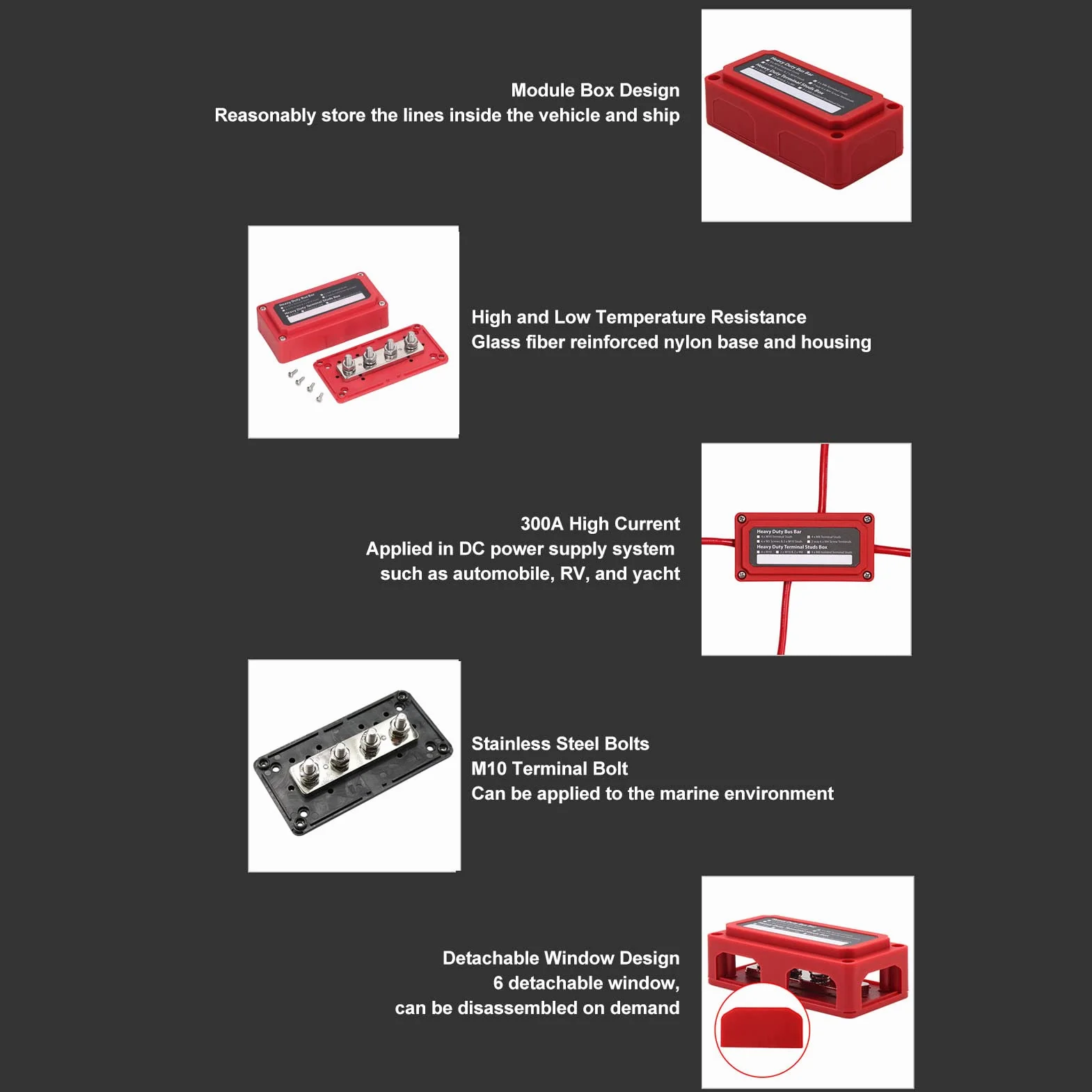 Gugxiom Bloque de Terminales de Barra de Bus de 48 V 300 A CC, Caja de Barra de Bus, Bloque de Distribución de Energía, Barra de Bus de Terminal de Tornillo M8, Diseño de Tipo de Ventana (Rojo)