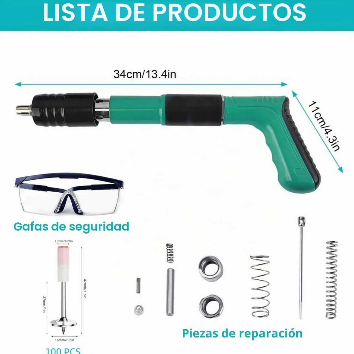 Pistola de Clavos para Hormigon Neumatica, Clavadora Hormigon, Nail Gun, Pistola de Impacto Clavos con 100 Clavos Redondos - para Acero y Concreto - Fácil de Usar