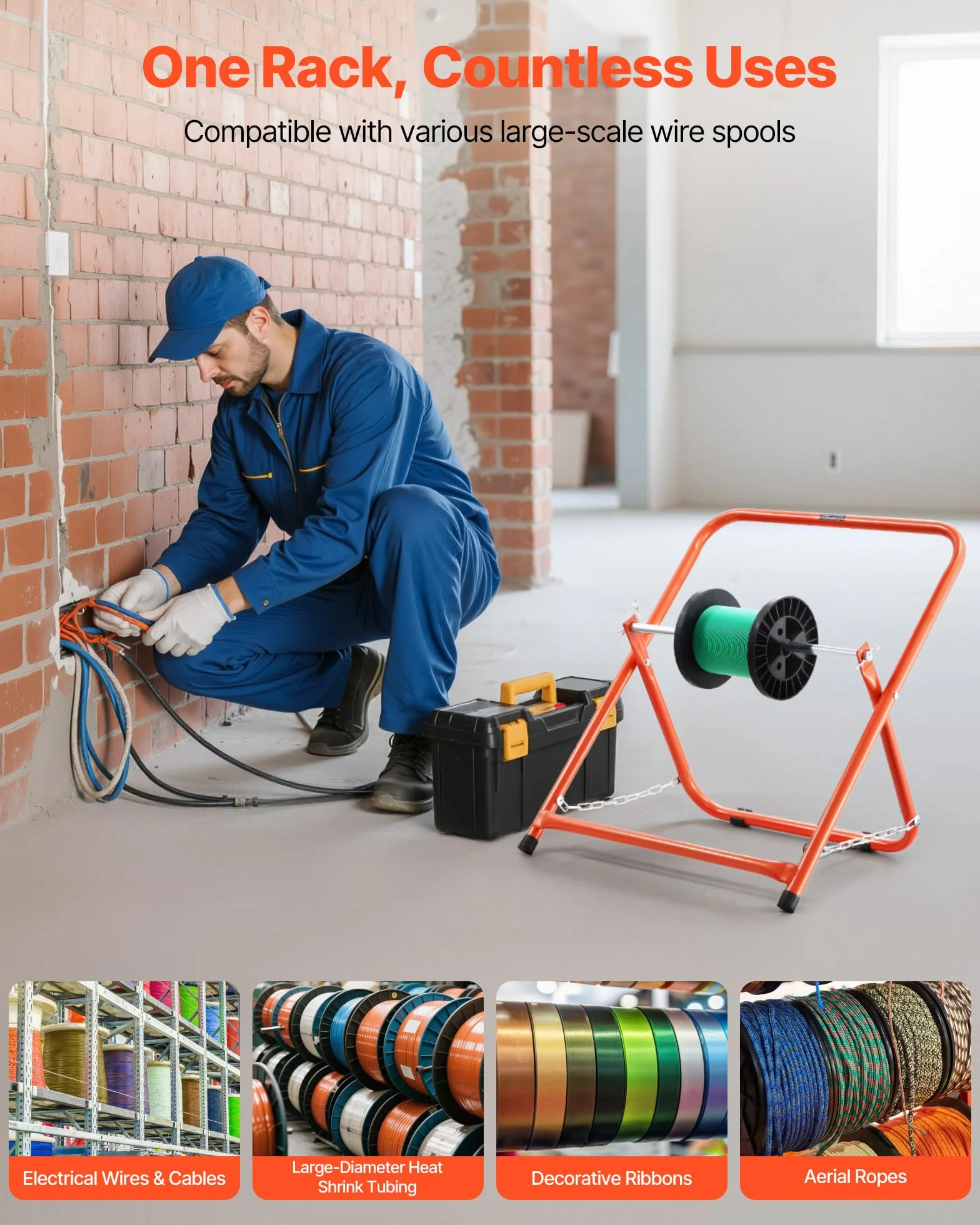 VEVOR Organizador de Cables, Soporte para Carretes de Cables Eléctricos Dispensador Portátil de Alambre para Carretes de Hasta 50 cm de Diámetro, Capacidad de 45 kg para Uso Industrial, Eléctrico