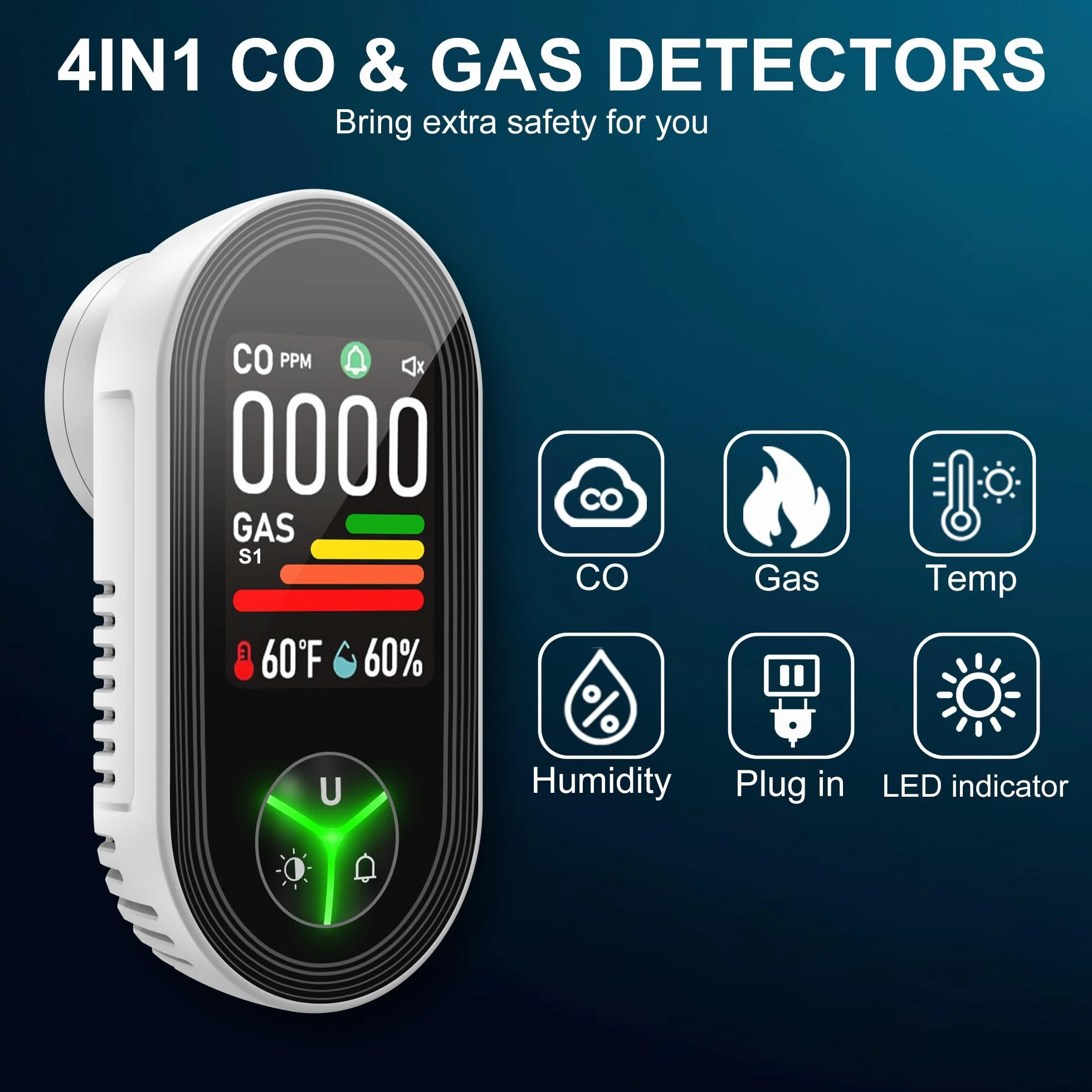 Detector de Gas y Monóxido de Carbono con Enchufe para Hogar, Alarma de CO para Casa, Alarma de Gas Combustible para Gas Natural LPG Metano Propano Butano, Blanco, PTH-24E
