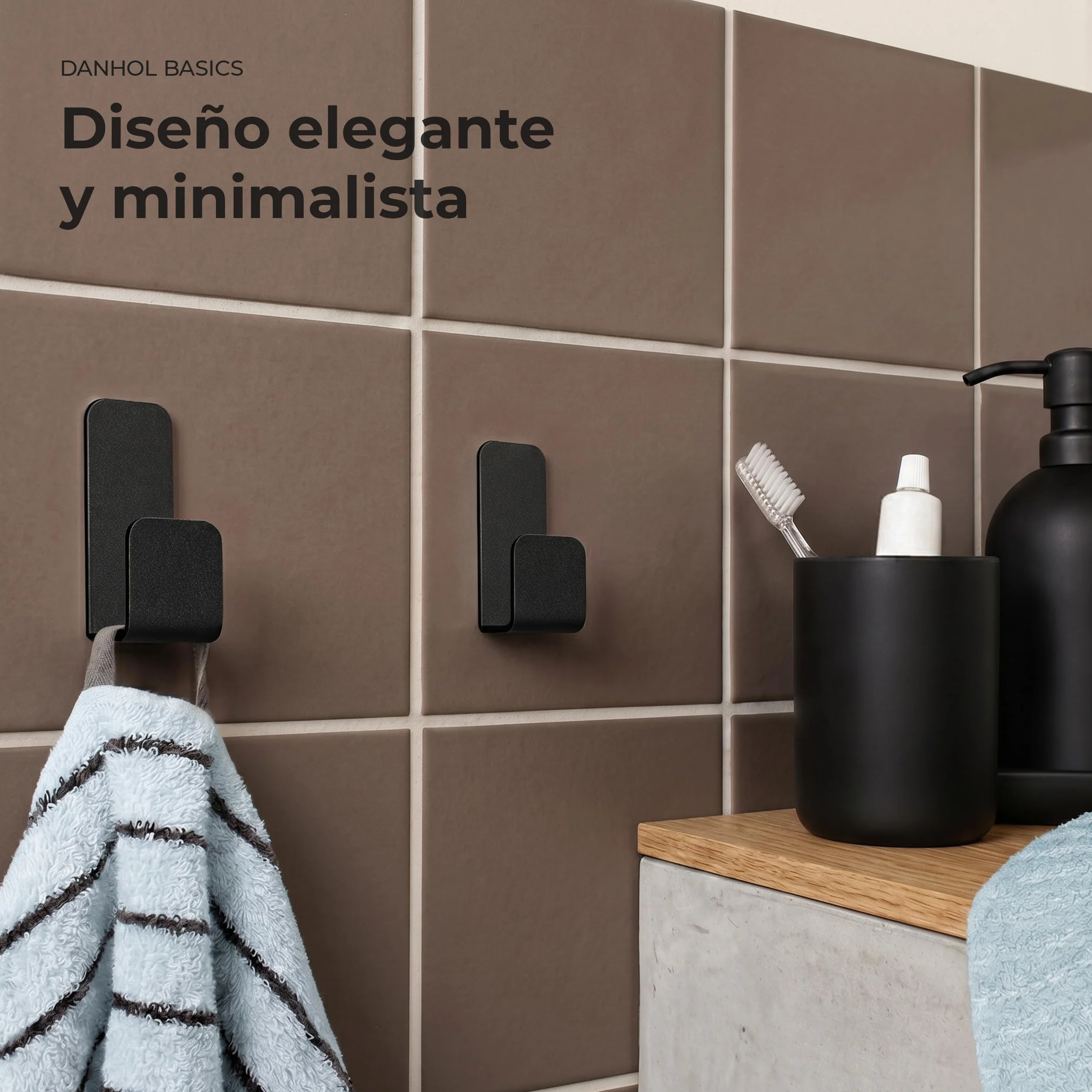 Pack 4 Ganchos Adhesivos para Pared | Colgadores Adhesivos Resistentes | Colgador Toalla Baño sin Taladro | Percha Baño, Dormitorio y Cocina | Negro Mate