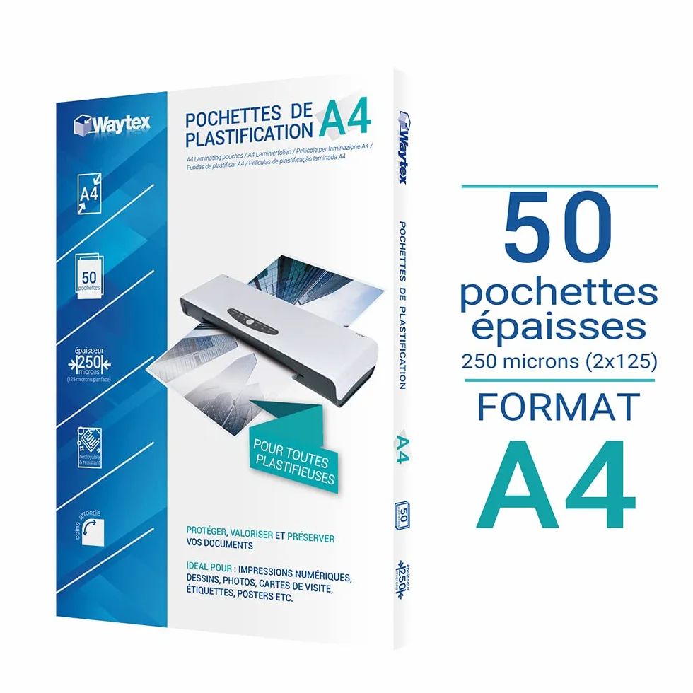 Waytex Pack de 50 hojas de plastificación A4 125 micras brillante transparente