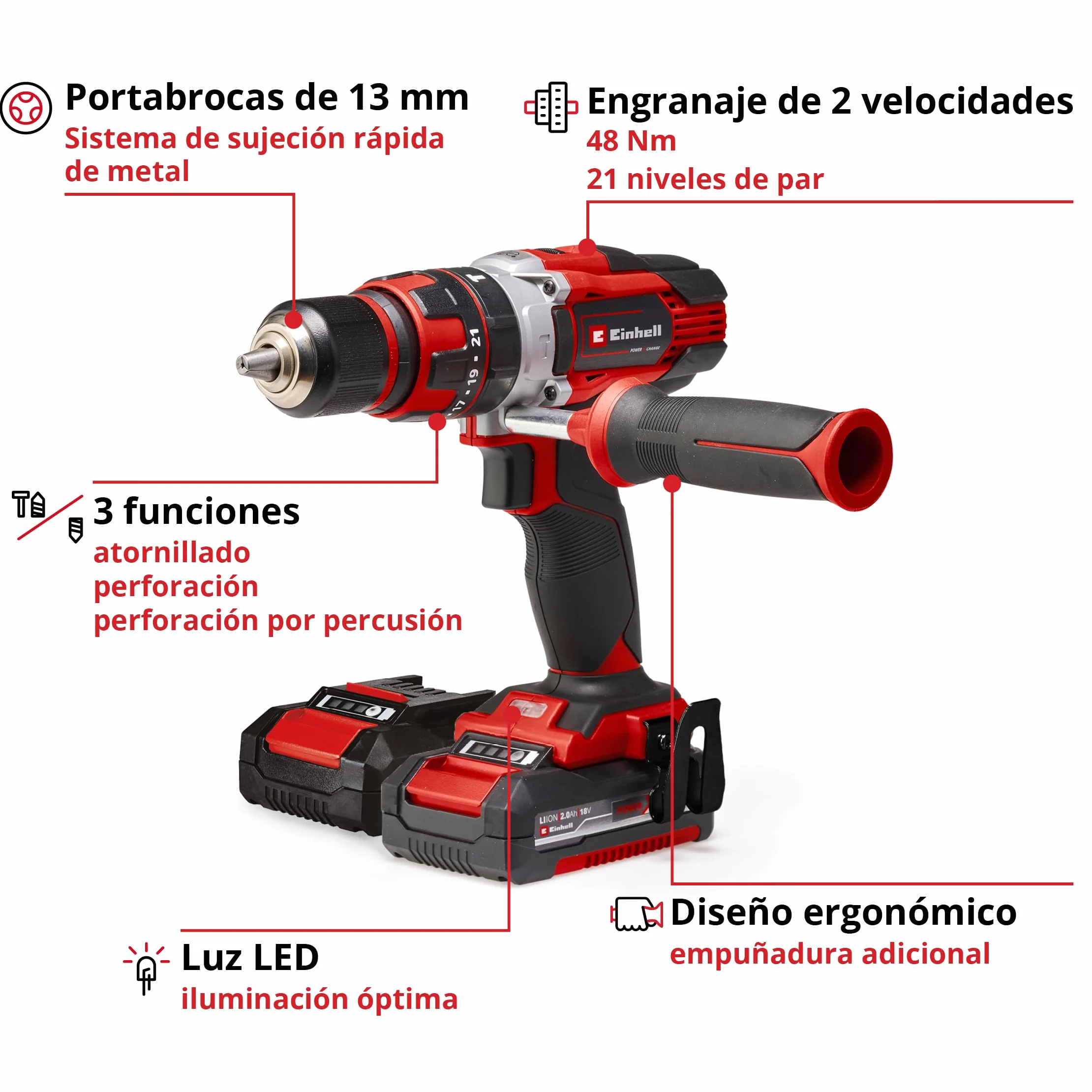 Einhell Taladro percutor sin cable TE-CD 18/48 Li-i (2x2,0 Ah) Power X-Change (iones de litio, incluye función de taladro de percusión, incluye 2 baterías de 2,0 Ah PXC, cargador y maletín)
