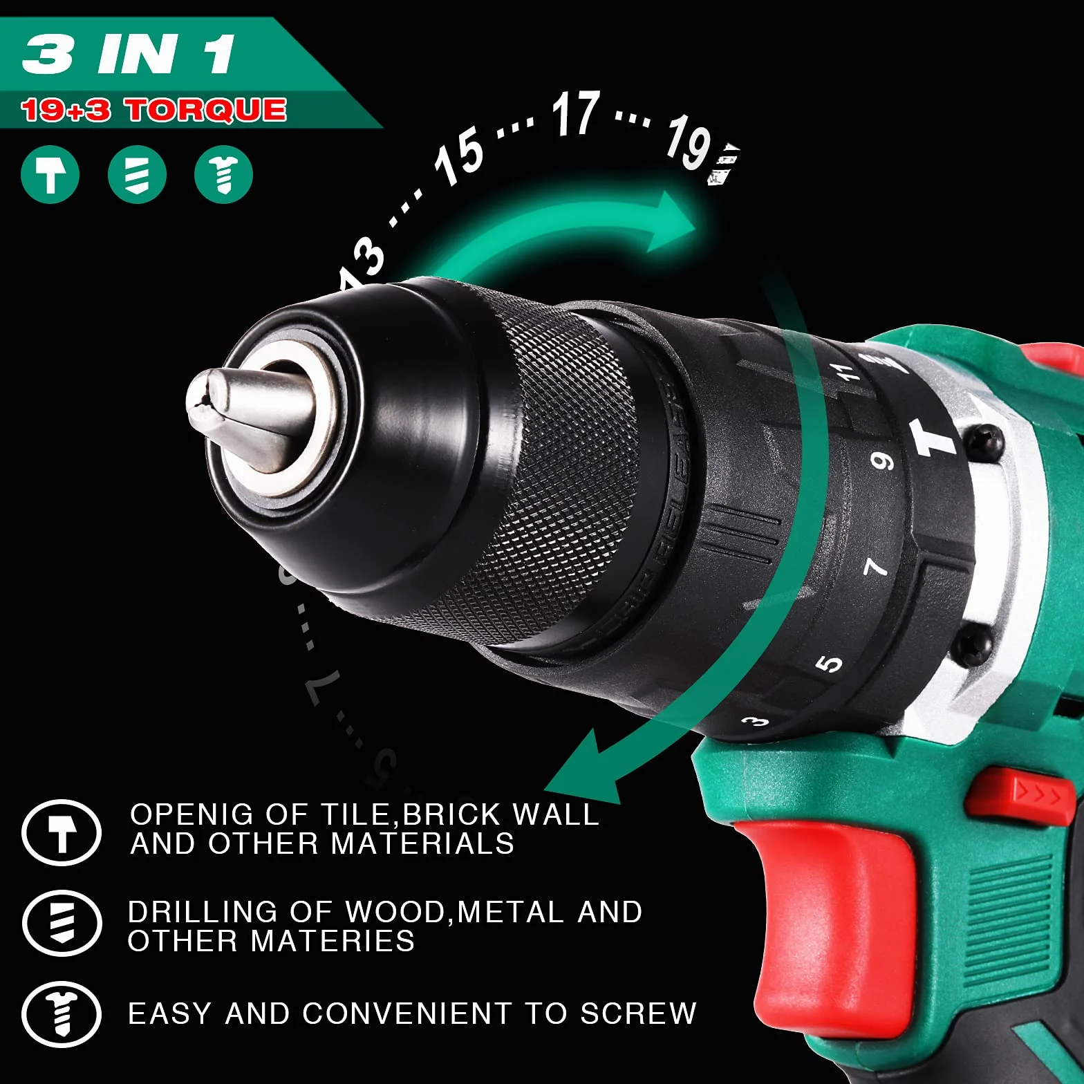 POSENPRO Taladro Percutor a Bateria 20V, Sin Escobillas Taladro Atornillador Bateria con 2 Baterías 2000mAh, 50Nm, 19+3 Ajuste de Par Destornillador Electrico, 2 Velocidad, Luz LED, Bricolaje