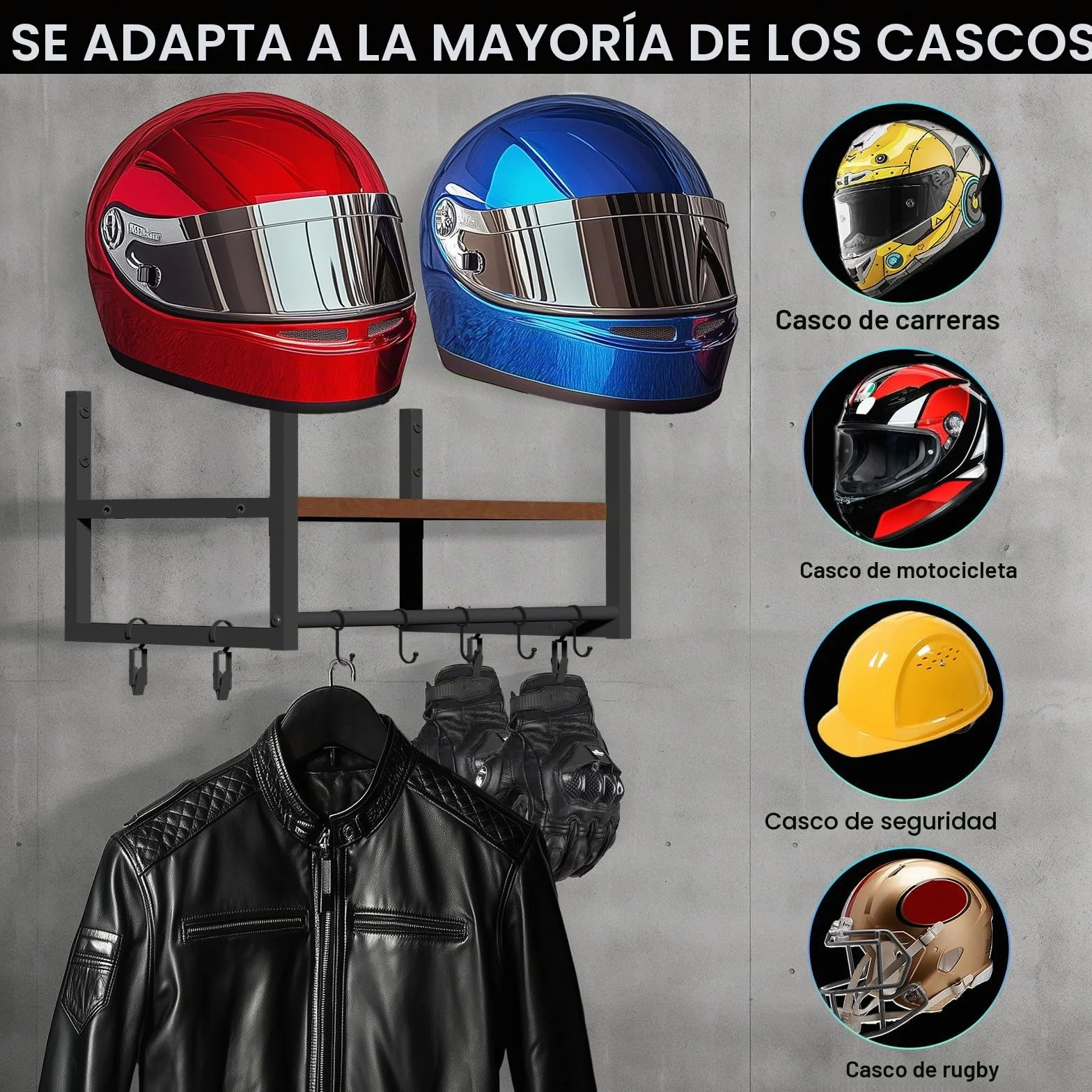 Soporte de pared moto para casco, colgador casco moto pared Perchero con tablas de capas de madera, 2 soportes para casco, fútbol y equipo de ciclismo, Marrón oscuro