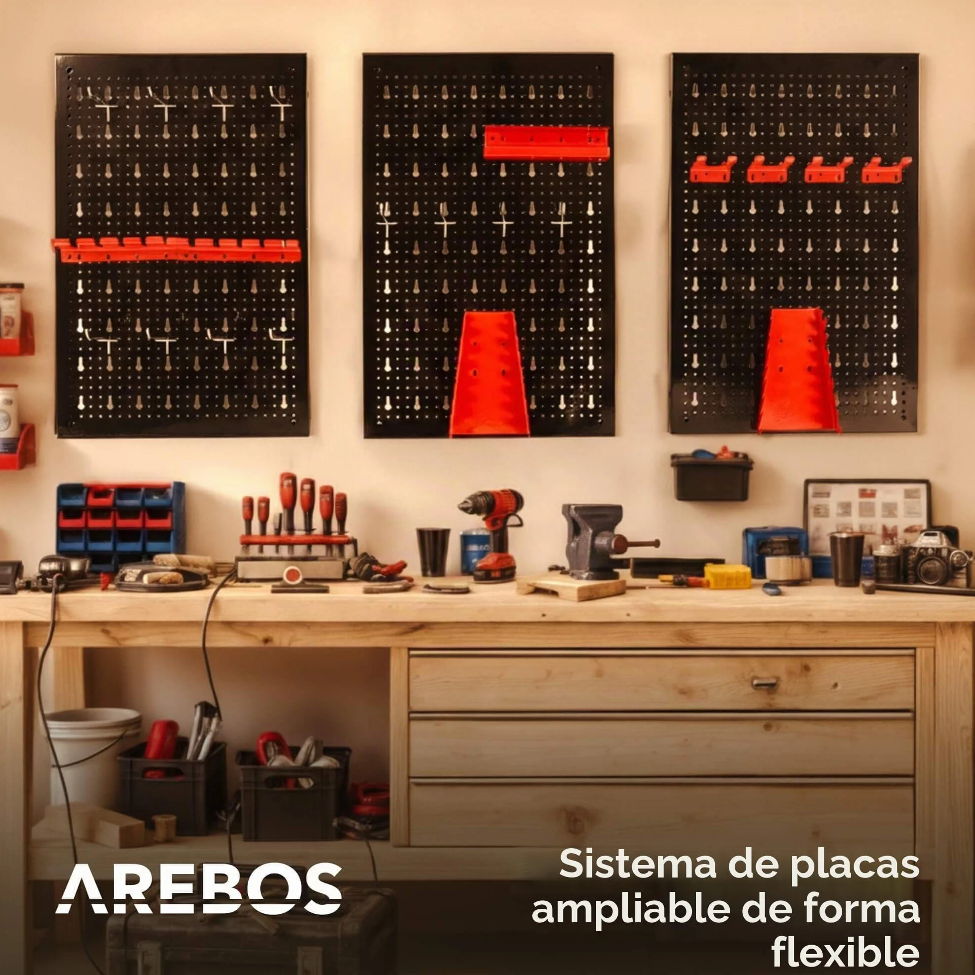 Arebos Panel Portaherramientas de 17 piezas | 117,6 x 59,5 x 2cm | Juego de ganchos y soportes | Pared de herramientas de metal perforado para equipamiento de taller incl. material de montaje | Rojo