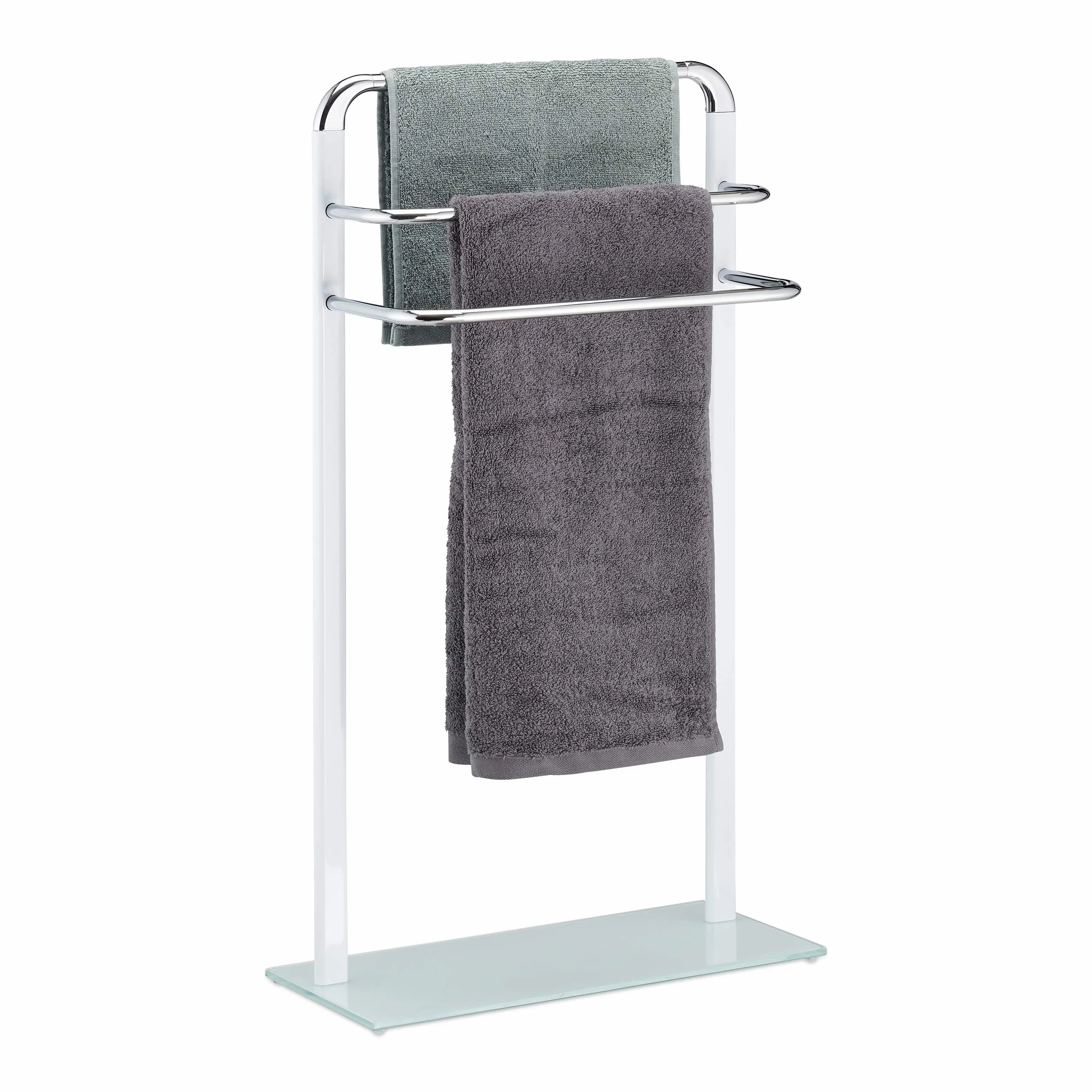Relaxdays Toallero de Pie con 3 Barras, Metal Cromado-Cristal Esmerilado, Blanco-Plateado, 80x45x20 cm