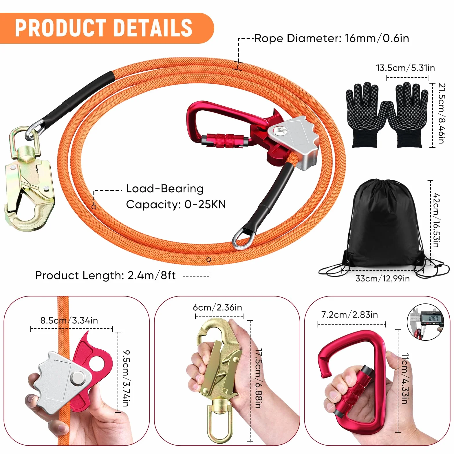 Kit de cuerda de acero con núcleo flip, cordón de acero con mosquetón de triple bloqueo, cuerda ajustable para escalada de árboles, protección contra caídas