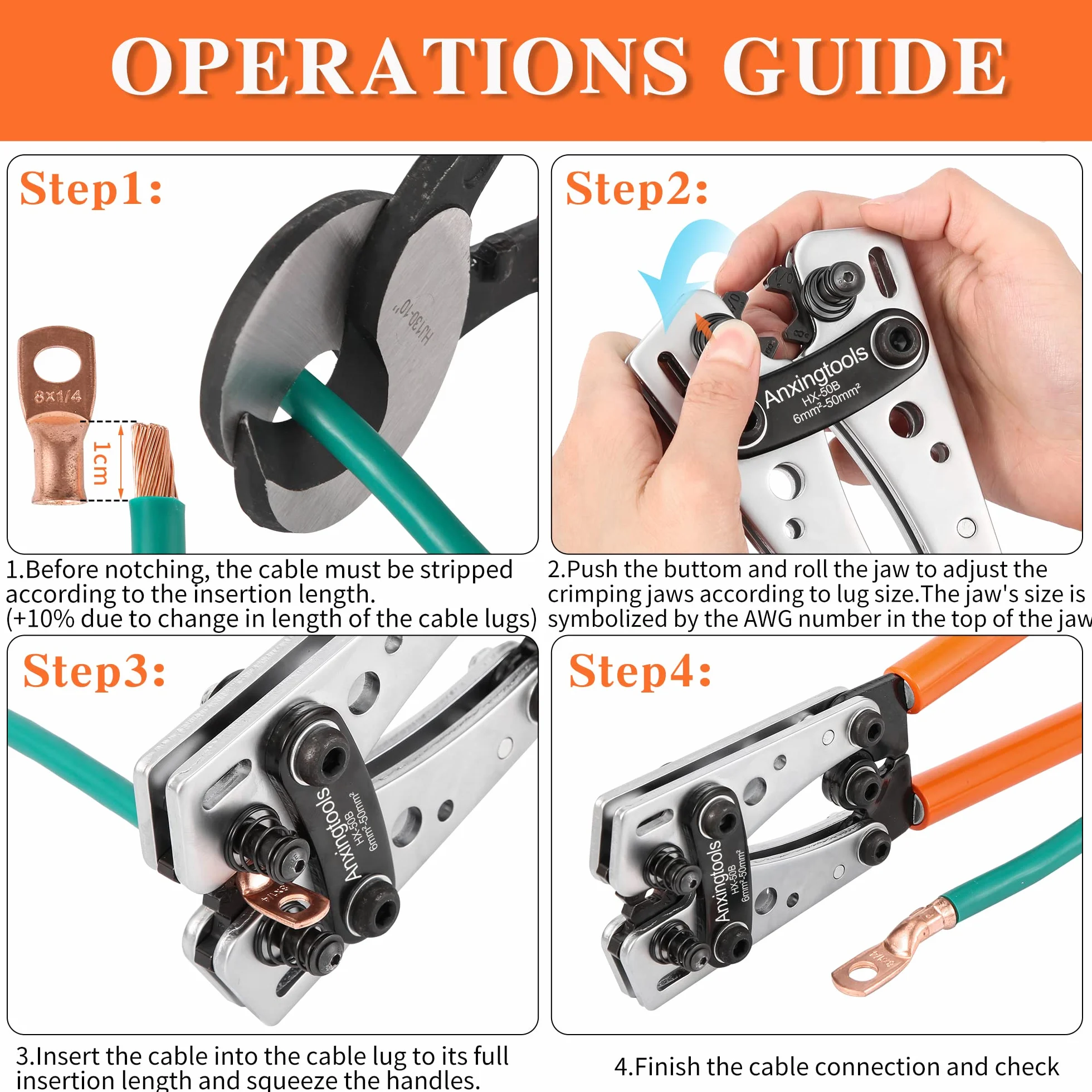 Herramienta de crimpado de cable de batería para terminales de anillo de cobre de batería de 6/10/16/25/35/50 mm², crimpadora resistente para terminales de cable (HX50B crimper+terminals)