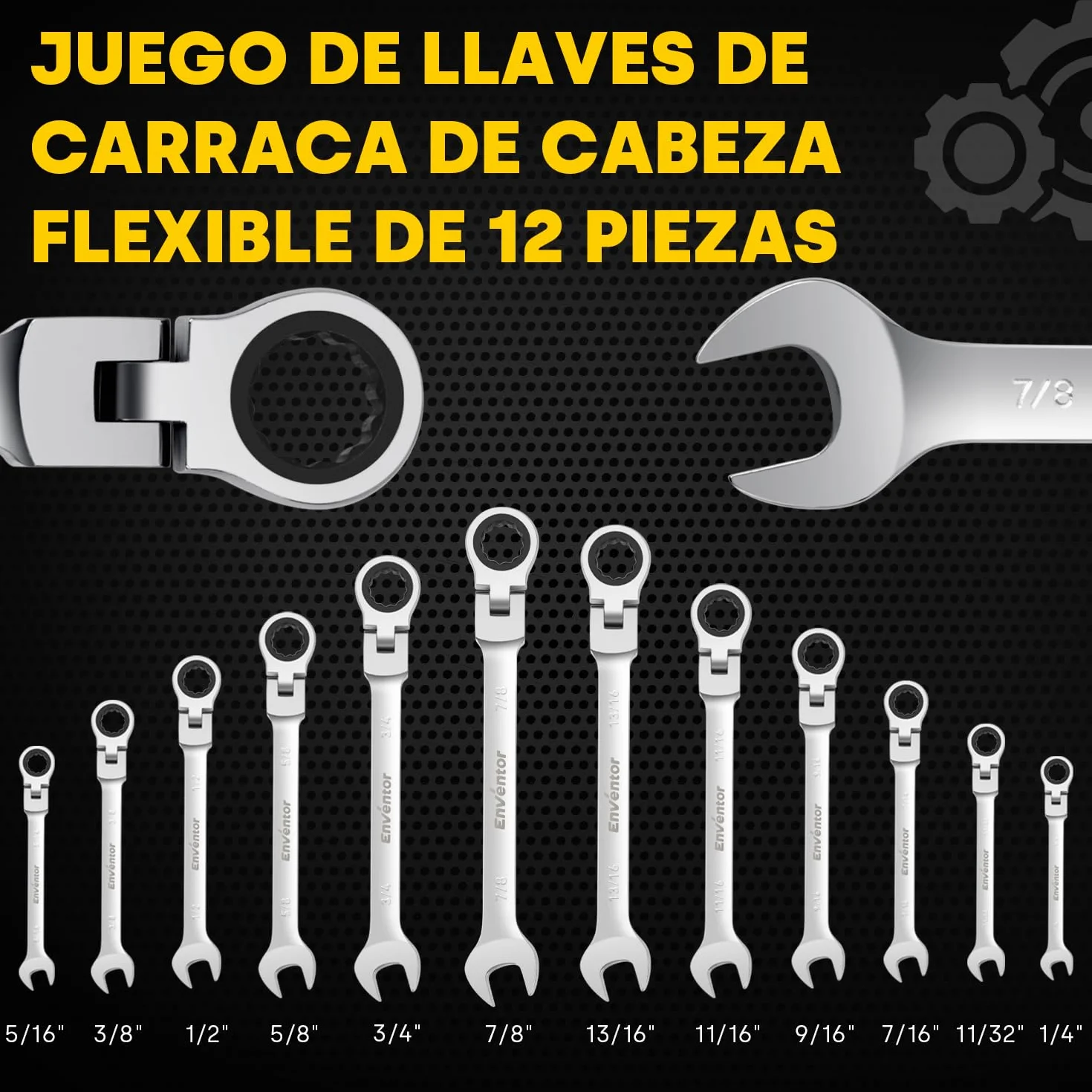 Enventor Juego de Llaves Combinadas de 12 Piezas, Juego de Llaves Combinadas con Carraca SAE 1/4"-7/8", Acero Cromo Vanadio, 72 Dientes, Cabezal Giratorio de 180°, Arco de Giro de 5°, Bolsa