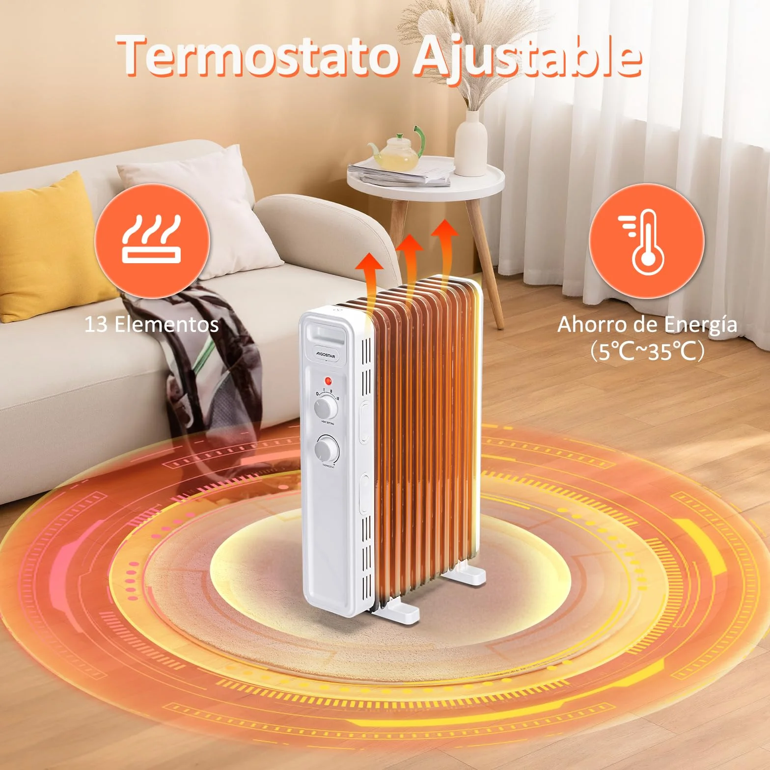 Aigostar Radiador de Aceite de 13 Elementos, 2500 W, Silencioso, 3 Niveles de Potencia, Termostato Ajustable y Función de Apagado Seguro, Protección Antivuelcos, Recomendado para Estancias de 25 m2
