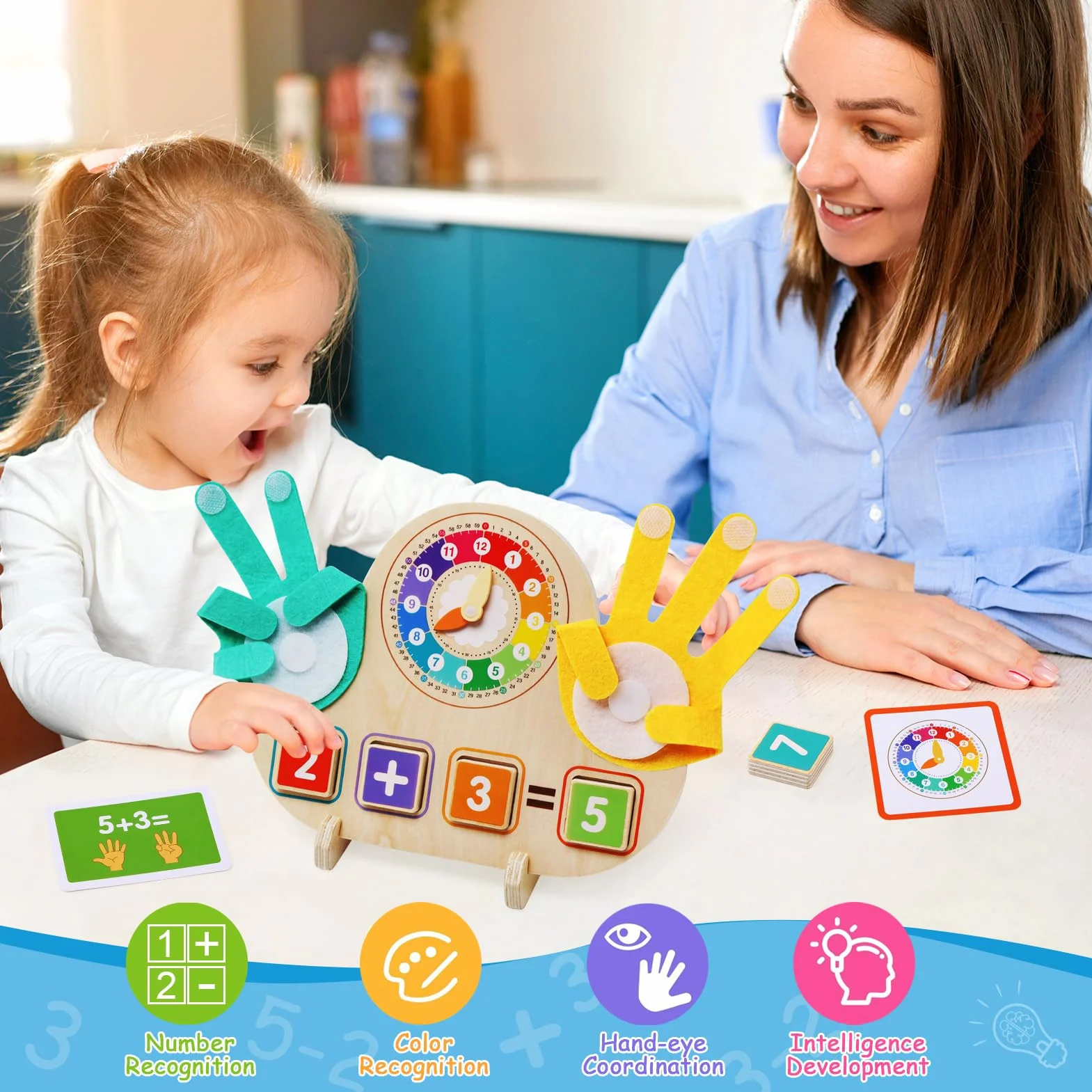 Juegos Educativos Niños 3 4 5 6 Años, Juguetes Montessori Matemáticas de Madera con Reloj, Juegos de Conteo para Preescolar Aprender Suma y Resta Regalo para Infantil Niños Niñas 3-6 Años