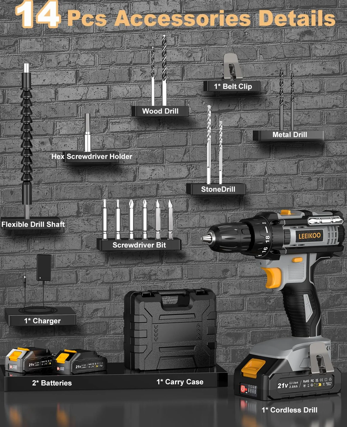 Taladro Atornillador Batería, LEEIKOO Atornillador Electrico 21V, 42N.m con 2 Baterías 2.0Ah, 18+1 Ajuste de Par, 2 Velocidad, LED Luz, 14 Accesorios Para Hogar, Bricolaje, Gris