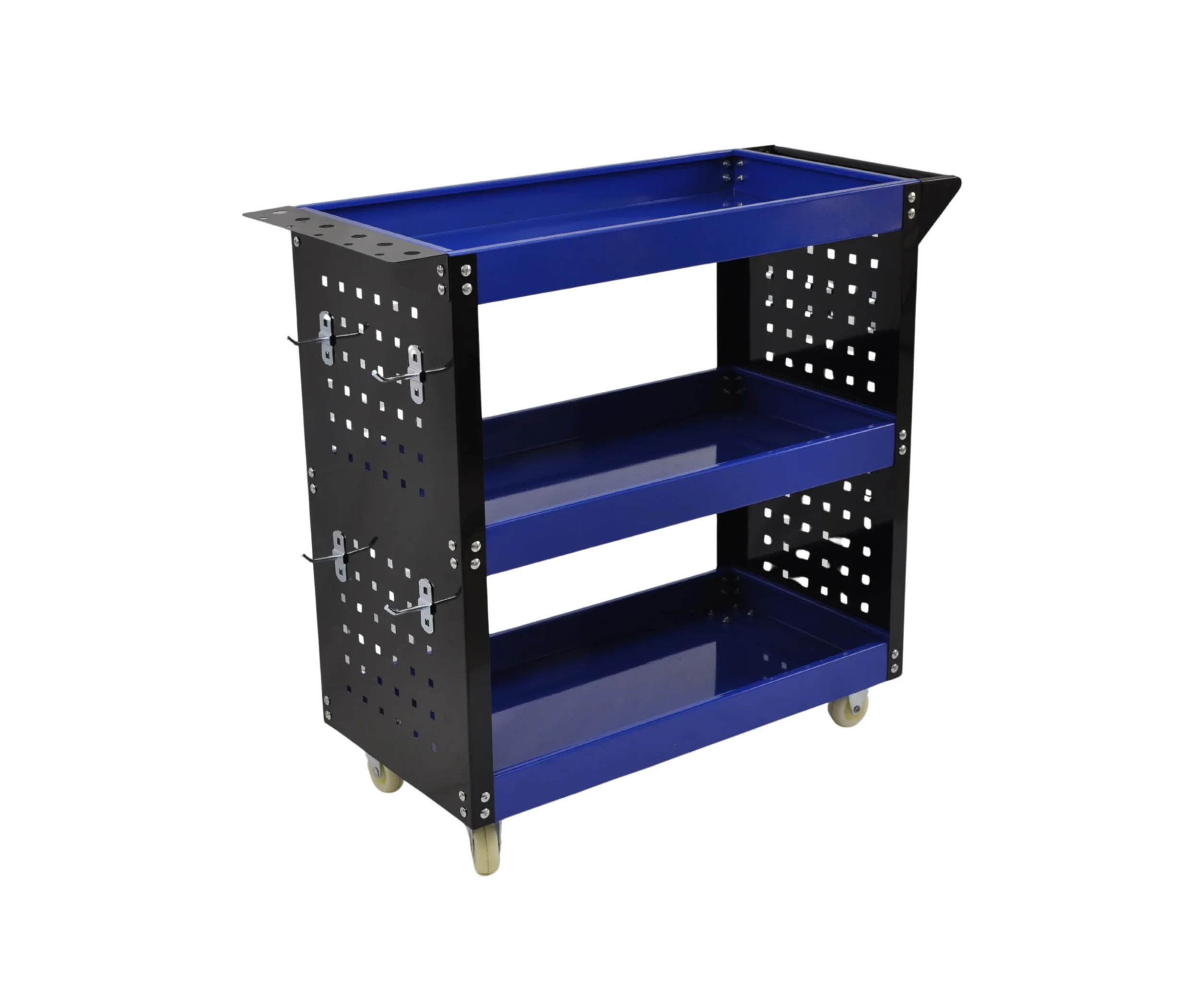 Carro de Taller Profesional 3 Baldas con Paneles Laterales y Ganchos – Azul/Negro – 700×350×760 mm – Carro Herramientas con Ruedas Maniobrable