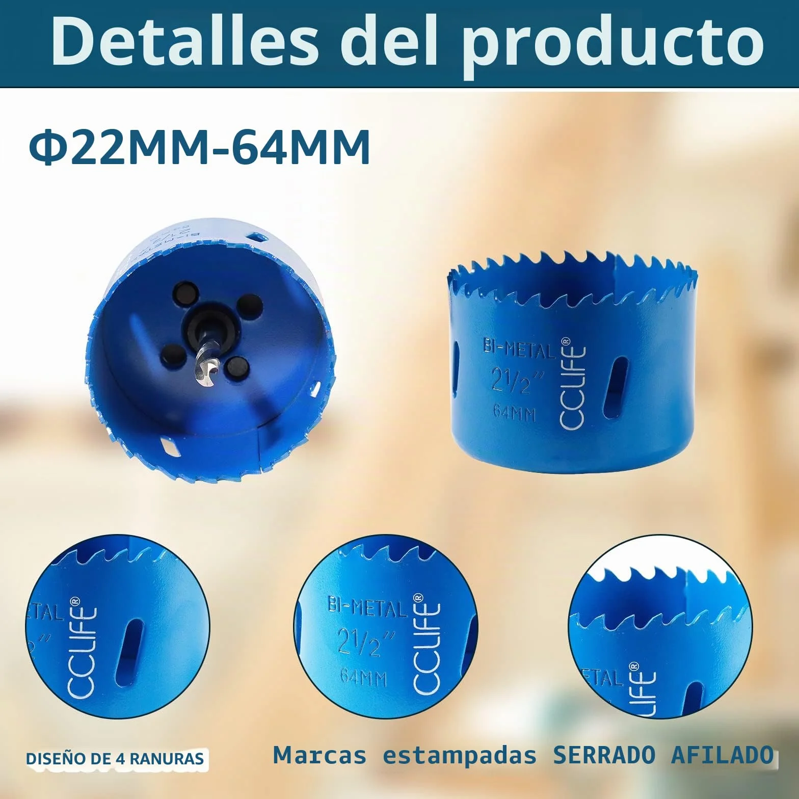 CCLIFE Juego de sierra perforadora bimetálica, 8 piezas, bimetal M3 HSS-CO, diámetro de 22 – 64 mm, profundidad de corte 38 mm, para taladrar acero inoxidable, metal ligero, madera, PVC, plástico, etc