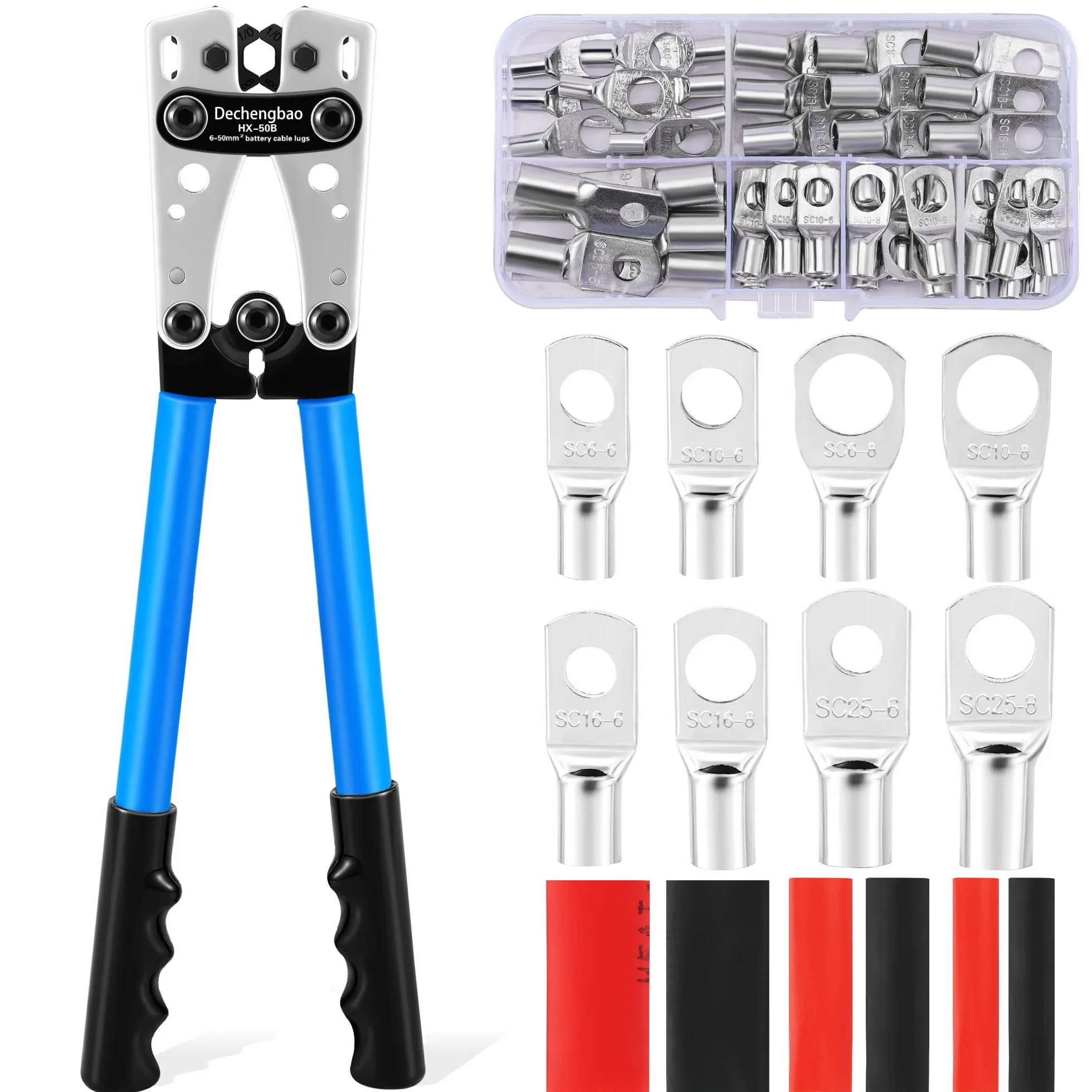 HX-50B - Herramientas de crimpado de lengüeta de cable de batería, alicates manuales para electricista de 6 a 50 mm² (AWG 8-1/0) con placa de metal gruesa y reforzada (HX50B Crmper + 60 terminales de