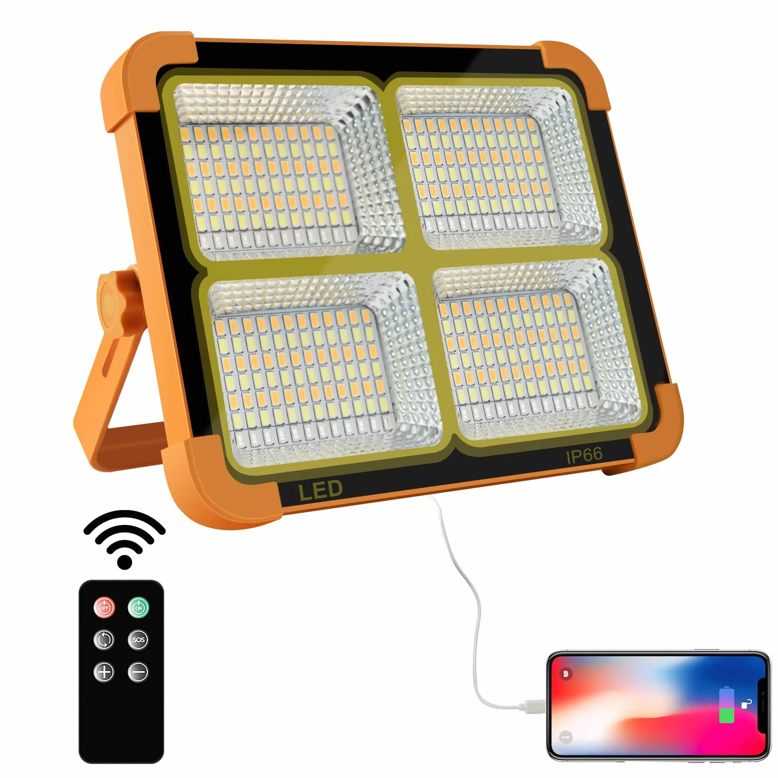 Foco LED Recargable, Foco LED Bateria 100W Con Control Remoto/Panel Solar/ 4 Modos de Luz/Batería Externa de 16500mAh/ Base Magnética para Camping, Trabajo, Pesca