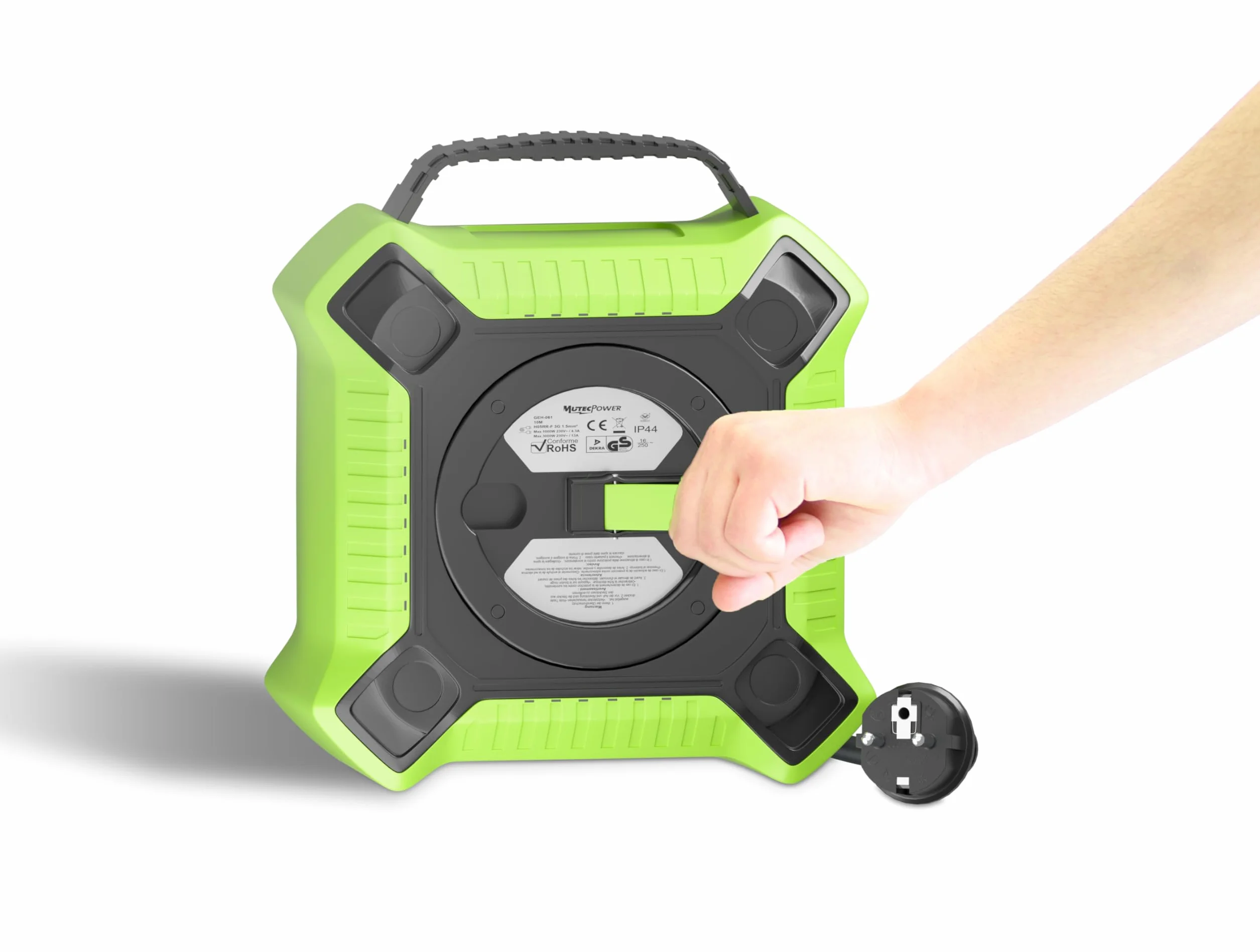 MutecPower Alargadera 10 metros IP44 enrollacables 10m enrollador de cable para exteriores con 4 tomas schuko de corriente protegidas, alargador H05RR-F 3G1,5 Negro/Verde