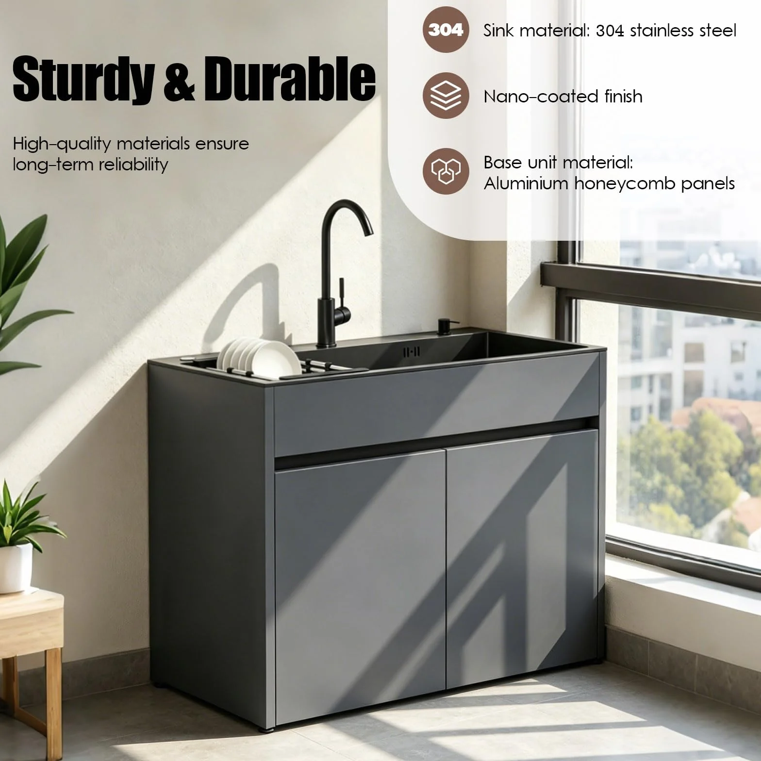 Mueble Fregadero con Cubeta de Acero Inoxidable Negro para Lavadero y Garaje, armario de almacenamiento de aluminio de panel de abeja con grifo, dispensador de jabón y cesta extraíble, ajustable