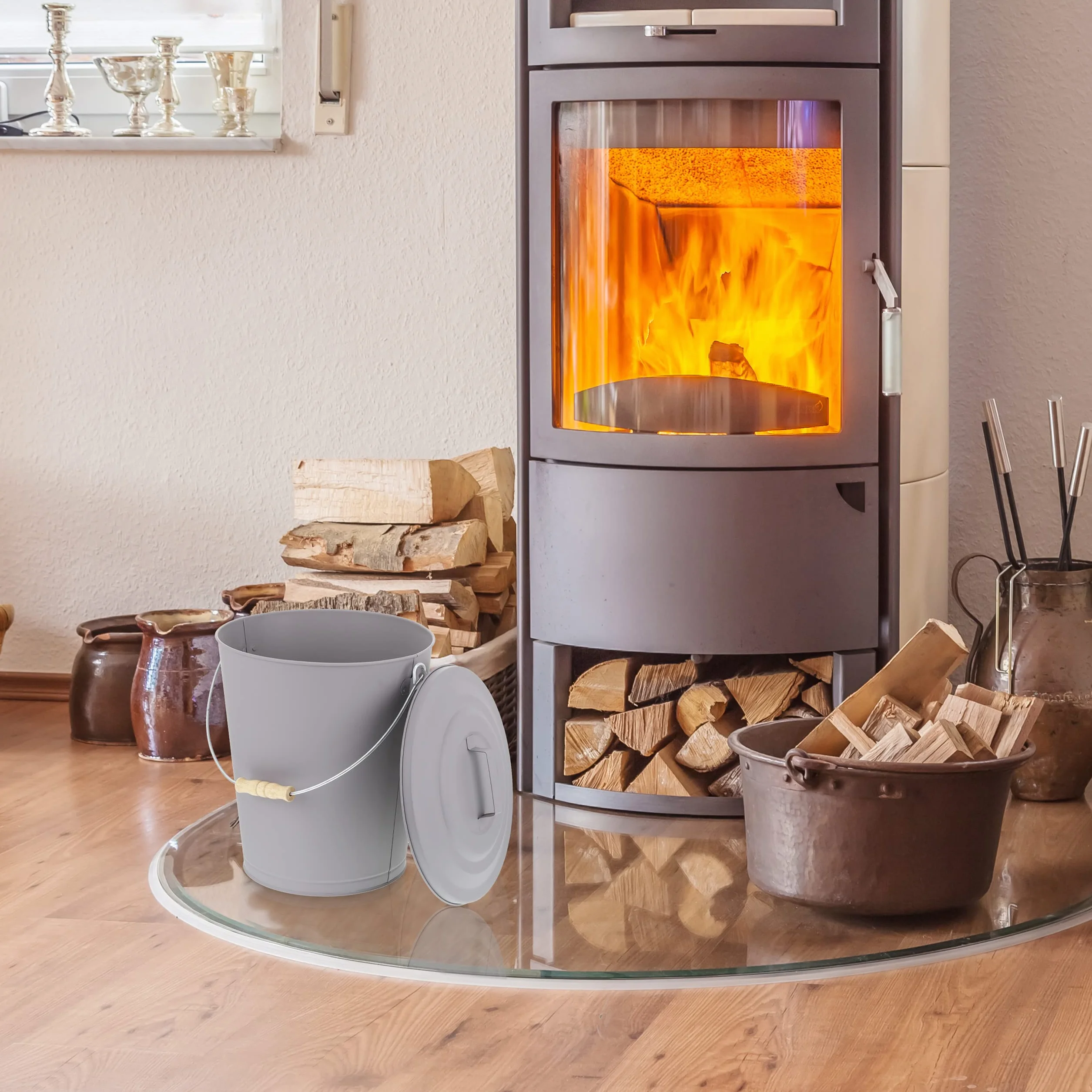 Relaxdays Cubo Cenizas con Tapa, 24 litros, Accesorio Chimenea, BBQ, Acero y Madera, Contenedor Ceniza con Asa, Gris