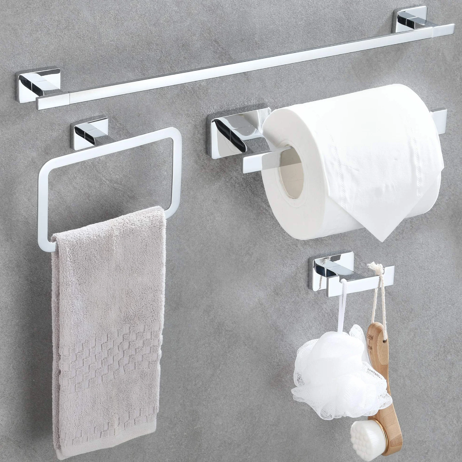 DUFU Juego de Accesorios de Baño 4 en 1 Acero Inoxidable - Toallero Bar 40cm + Soporte para Papel Higiénico + Anillo + Ganchos | Perforación | Plata Brillante