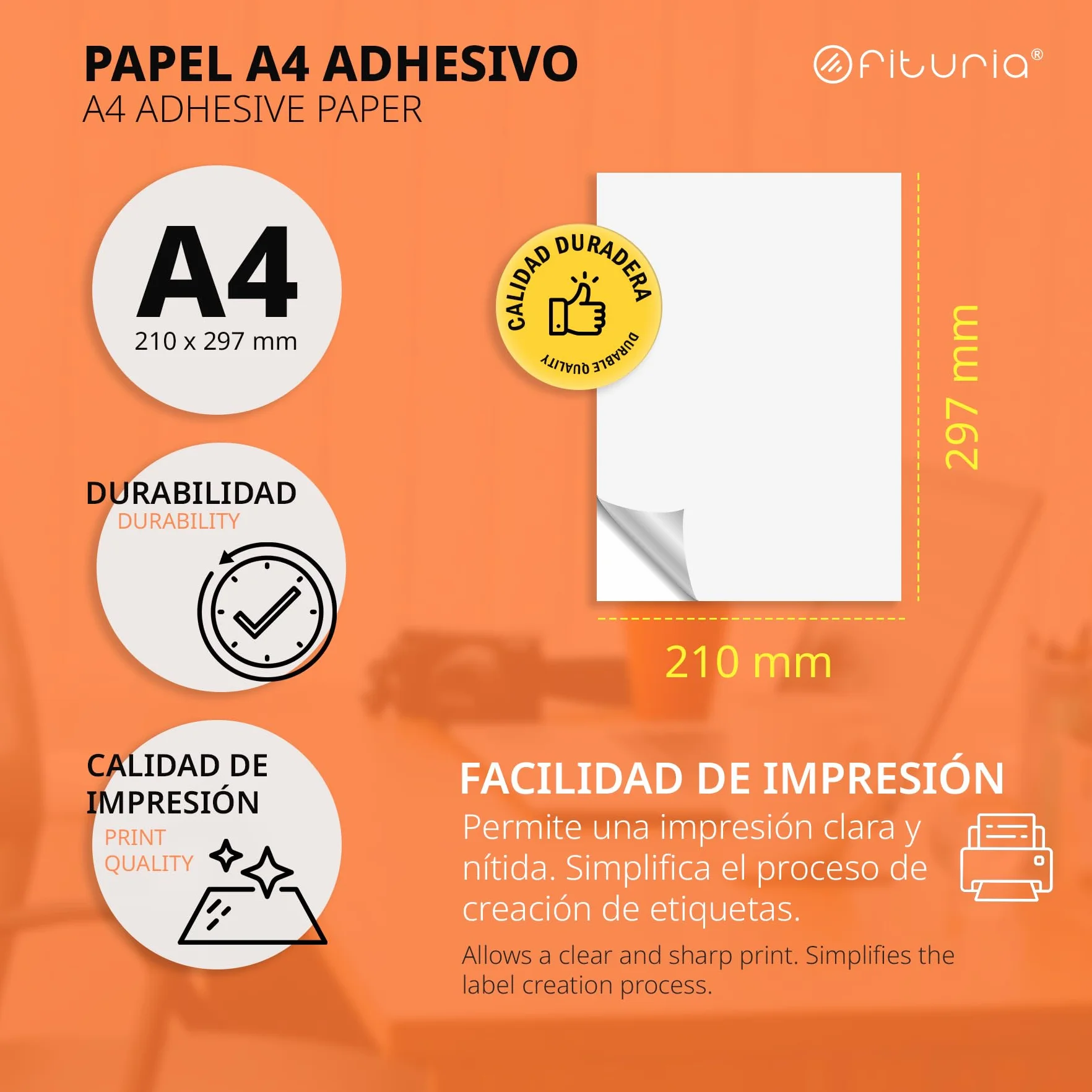 Ofituria Etiquetas Adhesivas Blancas Papel A4 Adhesivo Seguro para Imprimir Pegatinas Personalizadas (25 hojas)