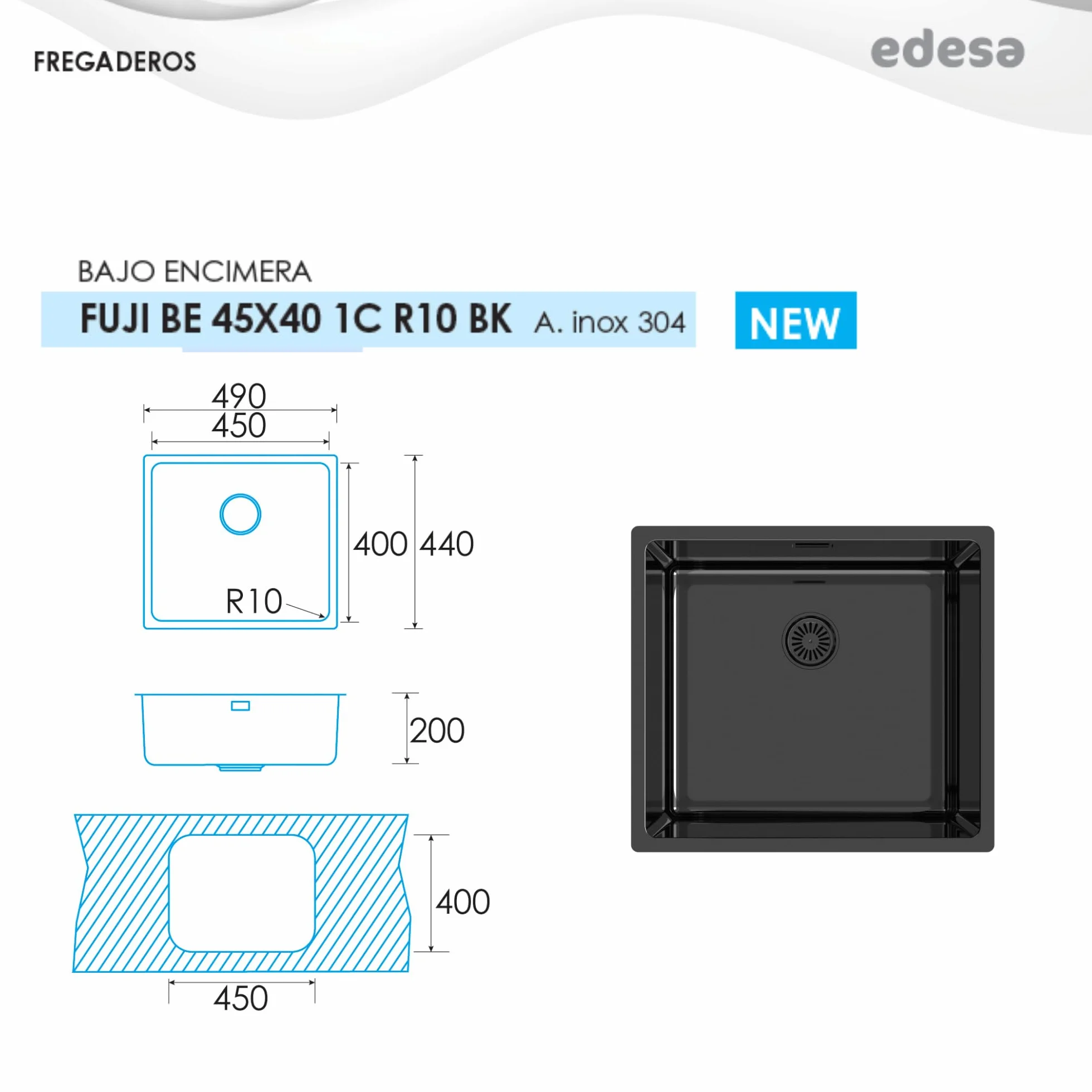Edesa Fregadero Cocina Bajo Encimera 1 Cubeta Cuadrada FUJI BE 45X40 cm Acero Inoxidable Profundidad 18 cm Fondo Absorbente Accesorios Incluidos Color negro