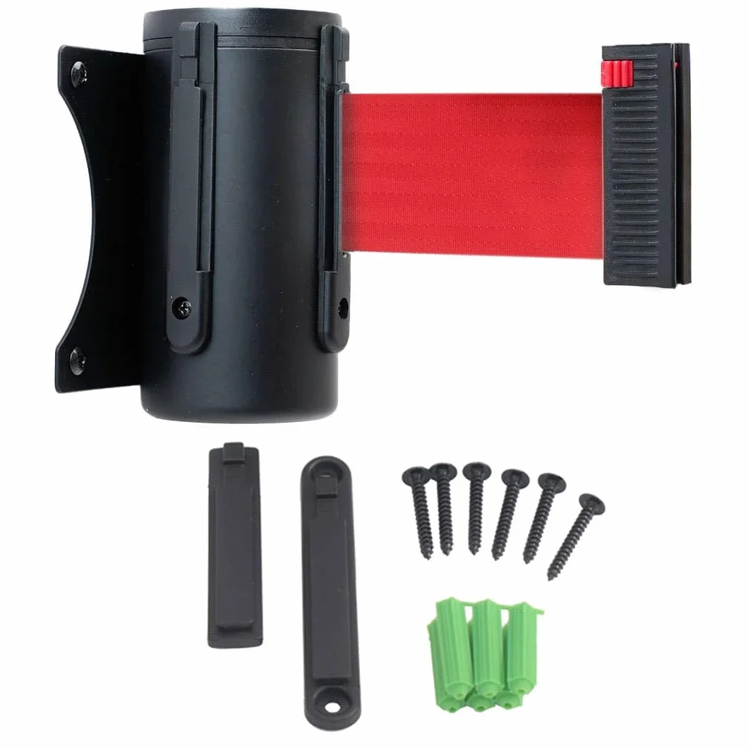 Danieli Store | Barrera de Pared Metálica de 3 Metros con Cinta y Clip Receptor | Barandilla Extensible con Cinta Retráctil | Barrera de Seguridad con Montaje a Pared (ROJO)