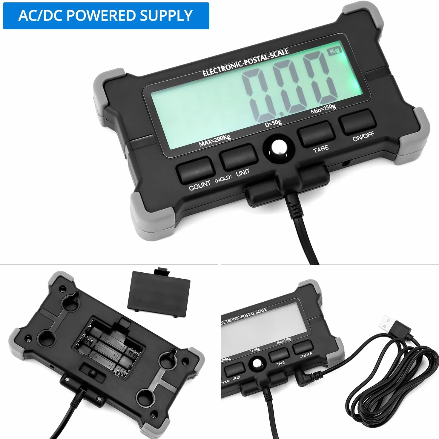 QWORK Balanza Digital 440 lb 200 kg con Función de Tara Pantalla LCD Separada para Equipaje Correo Almacén
