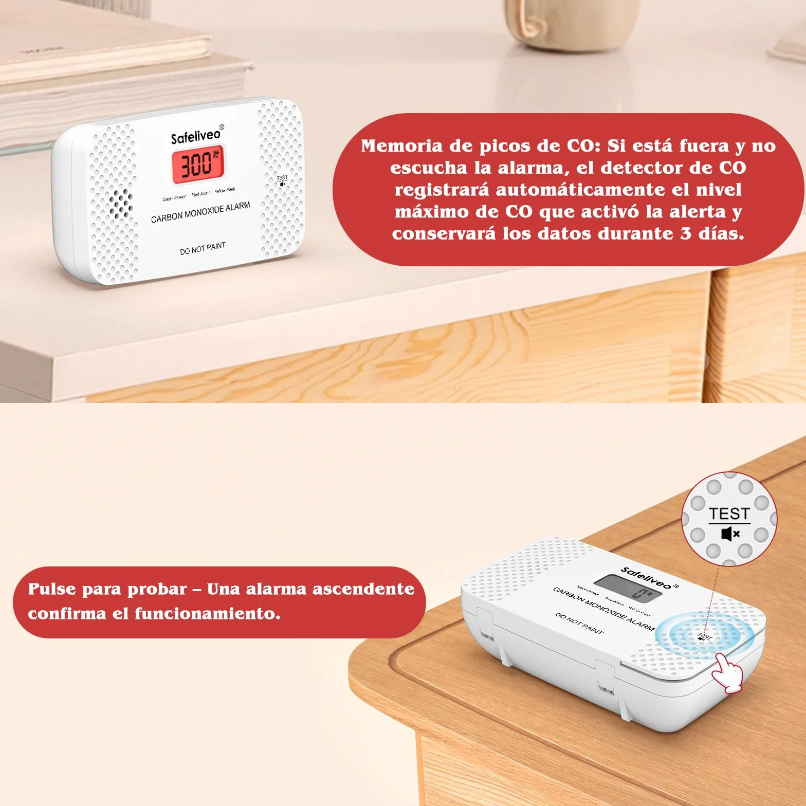 Safeliveo Detector de Monóxido de Carbono con Pantalla LCD,con Batería Reemplazable y botón de Prueba,Certificado EN 50291,Monitor Detector de CO Portátil para Hogar,Viajar y Caravanas -1 Pieza