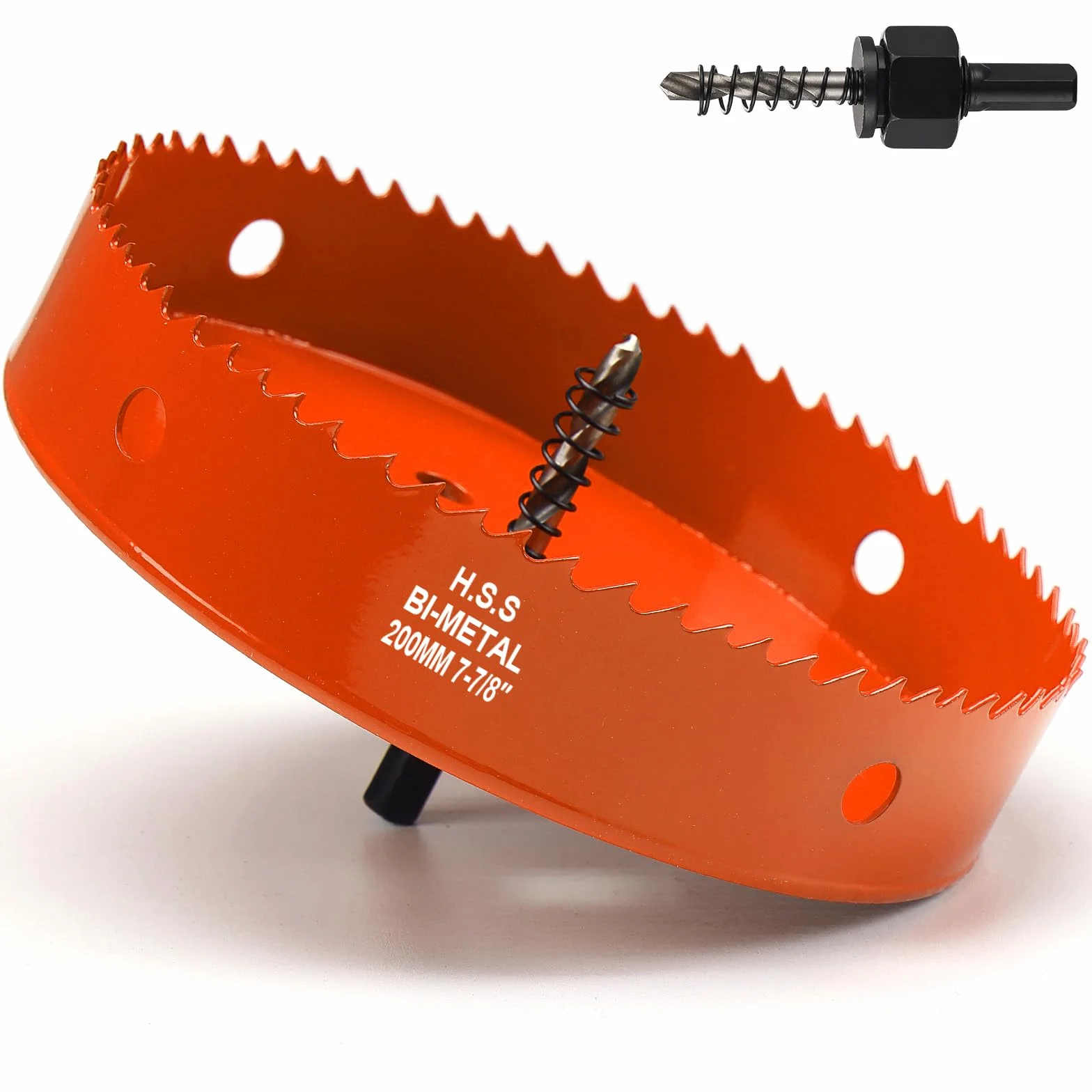 Sierra de corona de 200 mm naranja, acero rápido HSS M42 bi-metal, sierra de corona para madera, fresadora de agujero con eje hexagonal y broca con 35 mm de profundidad de corte para madera