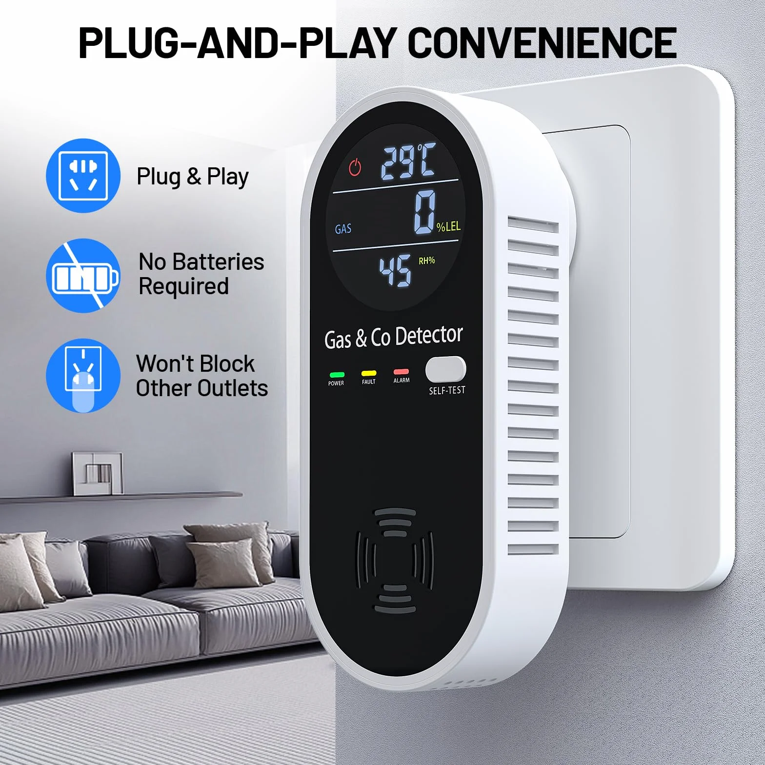 Detector Monóxido de Carbono y Gas 4 en 1 con Alarma acústica y Visual, Mide CO, Temperatura, Humedad y Gases, con función de autotest, Ideal para salón, Dormitorio, sótano, Oficina, YOJOCK