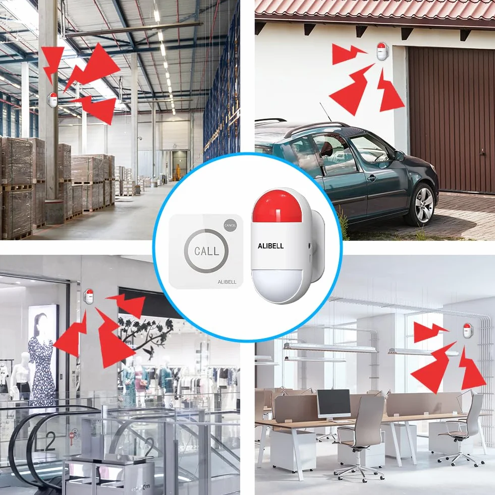ALIBELL Kit de Alarma de Sirena Estroboscópica Remota,Sistema de Alarma de Pánico 120dB (Funciona con Batería y Plug-in Alimentación),Sistema de Seguridad de Emergencia para Hogar/Tienda/Fábrica