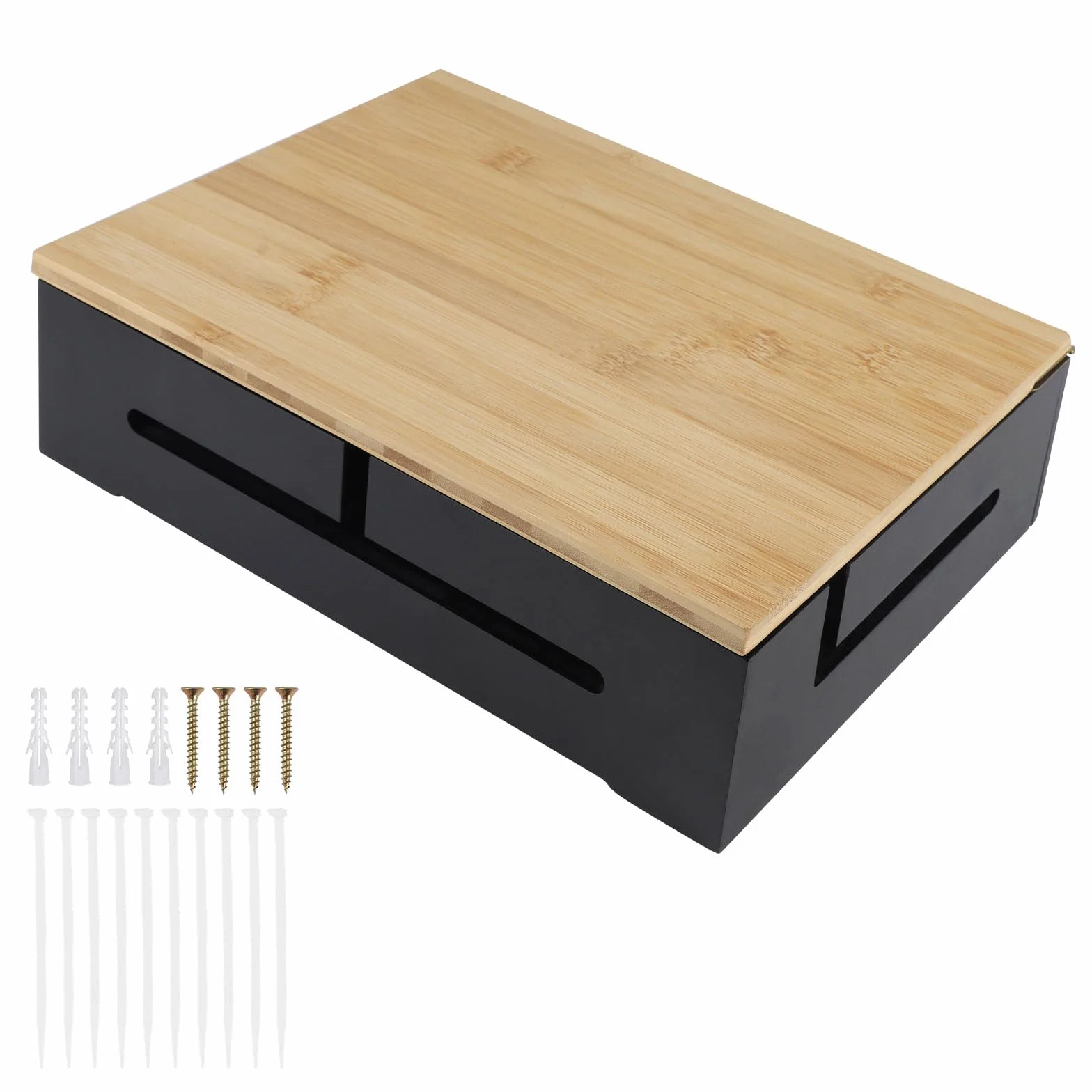 DBREAKS Caja de gestión de cables y organizadora de cables con tapa magnética de bambú y bridas, caja para montaje en la pared