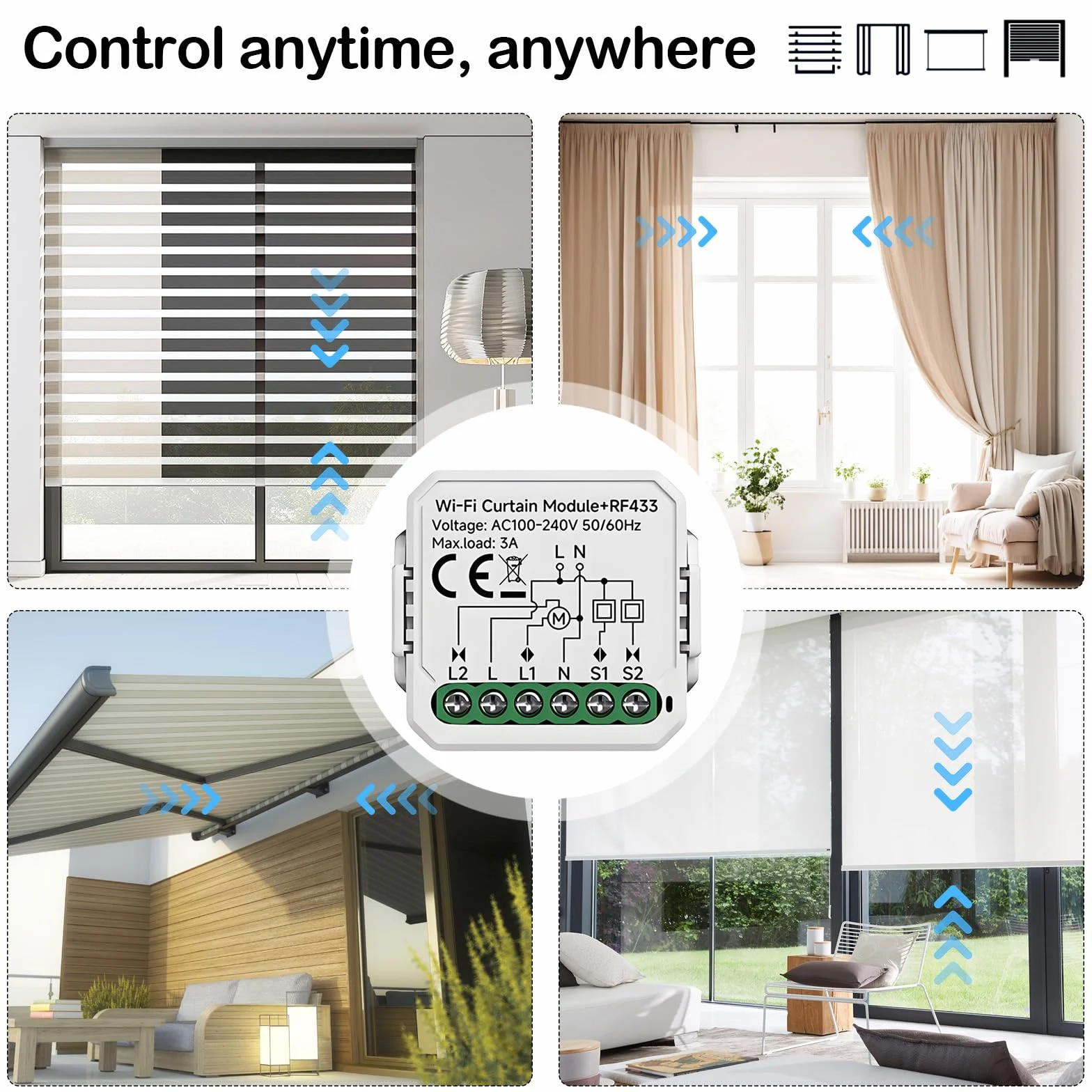 Interruptor de Persianas Por Radio, Interruptor Inalambrico de Cortina Enrollables Inteligente de 240V 2 Módulos de Control de Cortinas con 1 Interruptor de Control Remoto Inalámbrico para Persianas