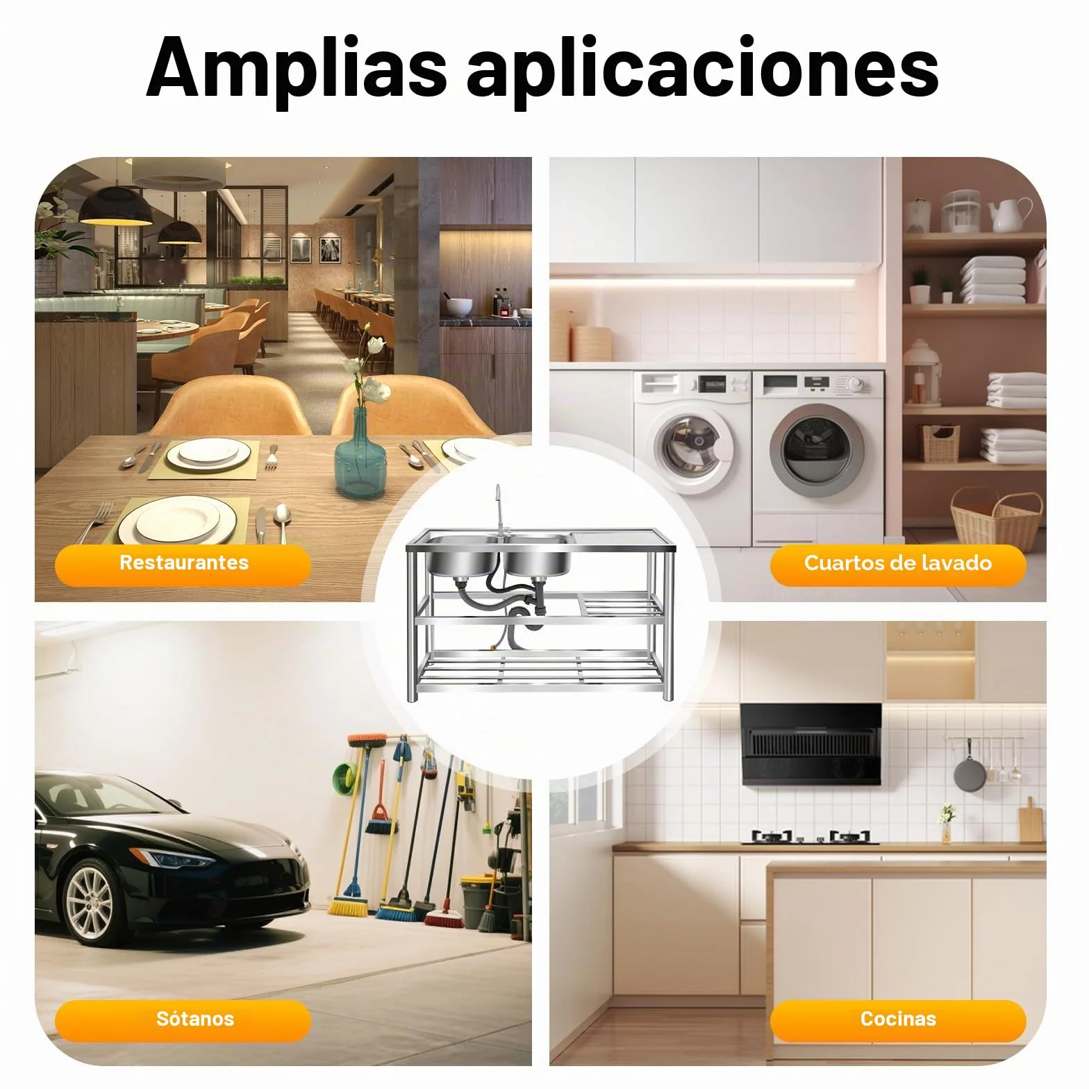 Fregadero de cocina independiente, 2 cuencos, doble, de acero inoxidable, comercial con grifo, soporte y drenaje, para exterior e interior
