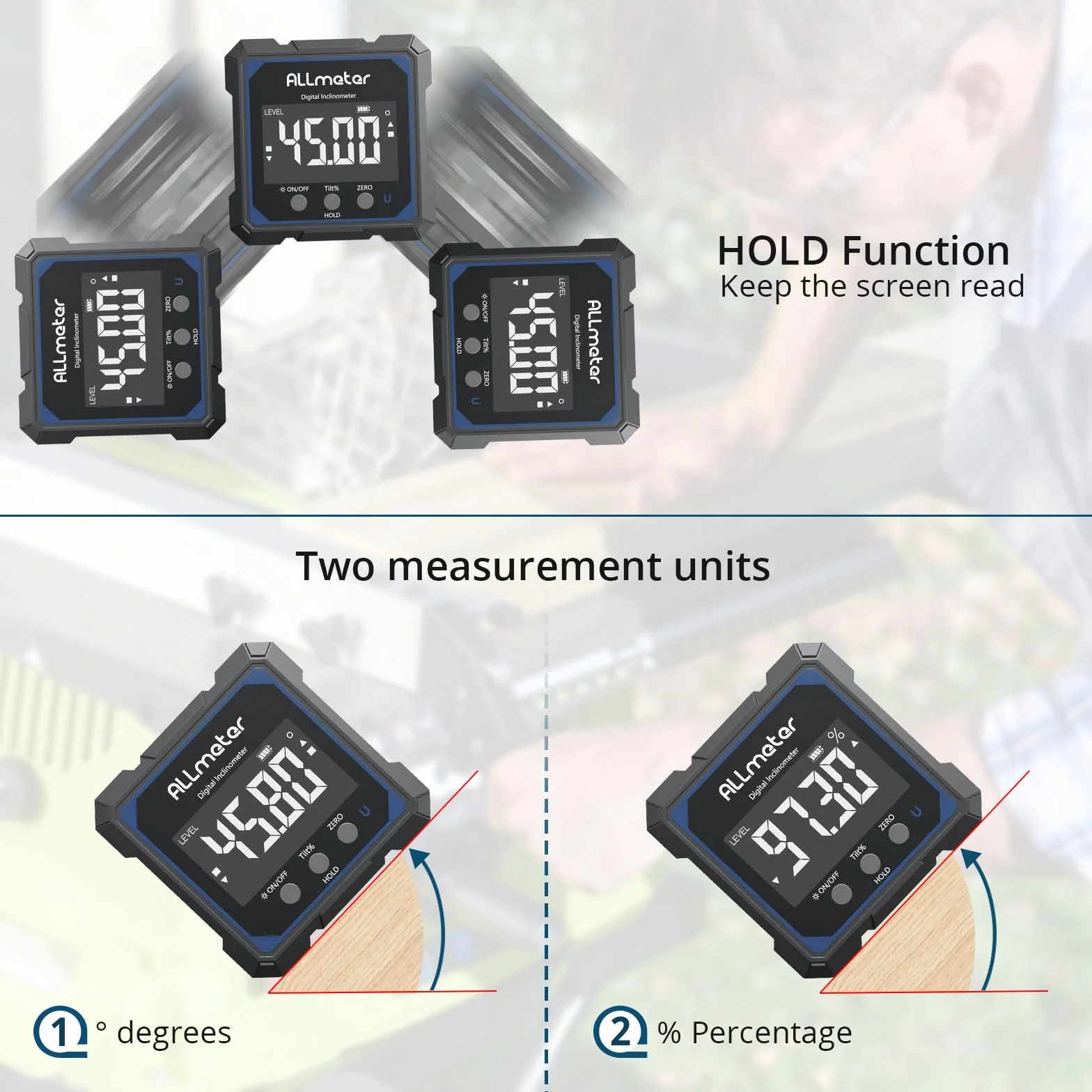 Medidor de ángulo digital recargable con nivel láser, 4 lados magnéticos, láser verde, inclinómetro +/- 0,1°, USB-C, para carpintería y construcción