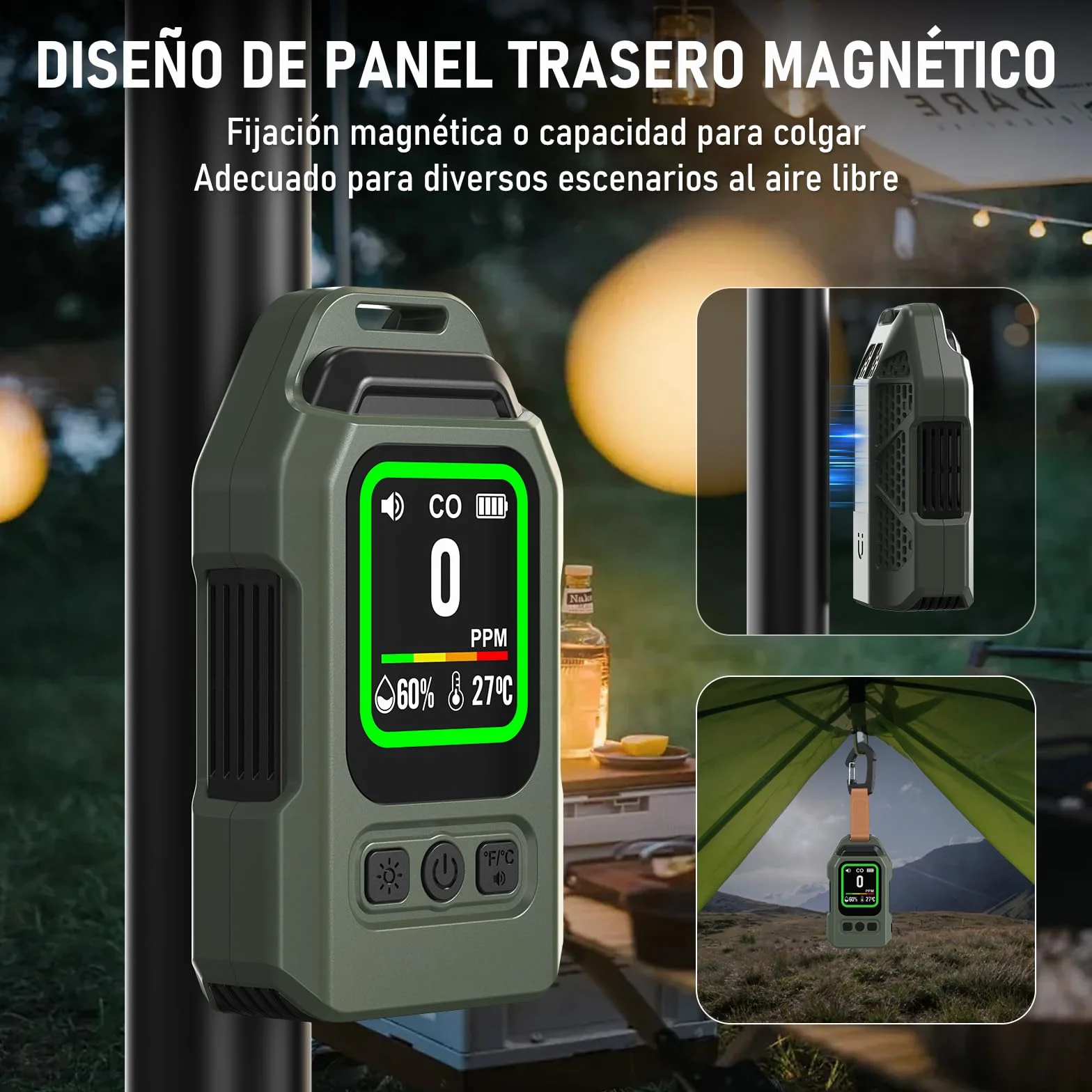 Detector de Monóxido de Carbono Portátil, 300 Horas de Autonomía, Medidor de Temperatura y Humedad, con función de Alarma y Linterna de Emergencia, Ideal para acampadas, Viajes, Coches y cocinas.