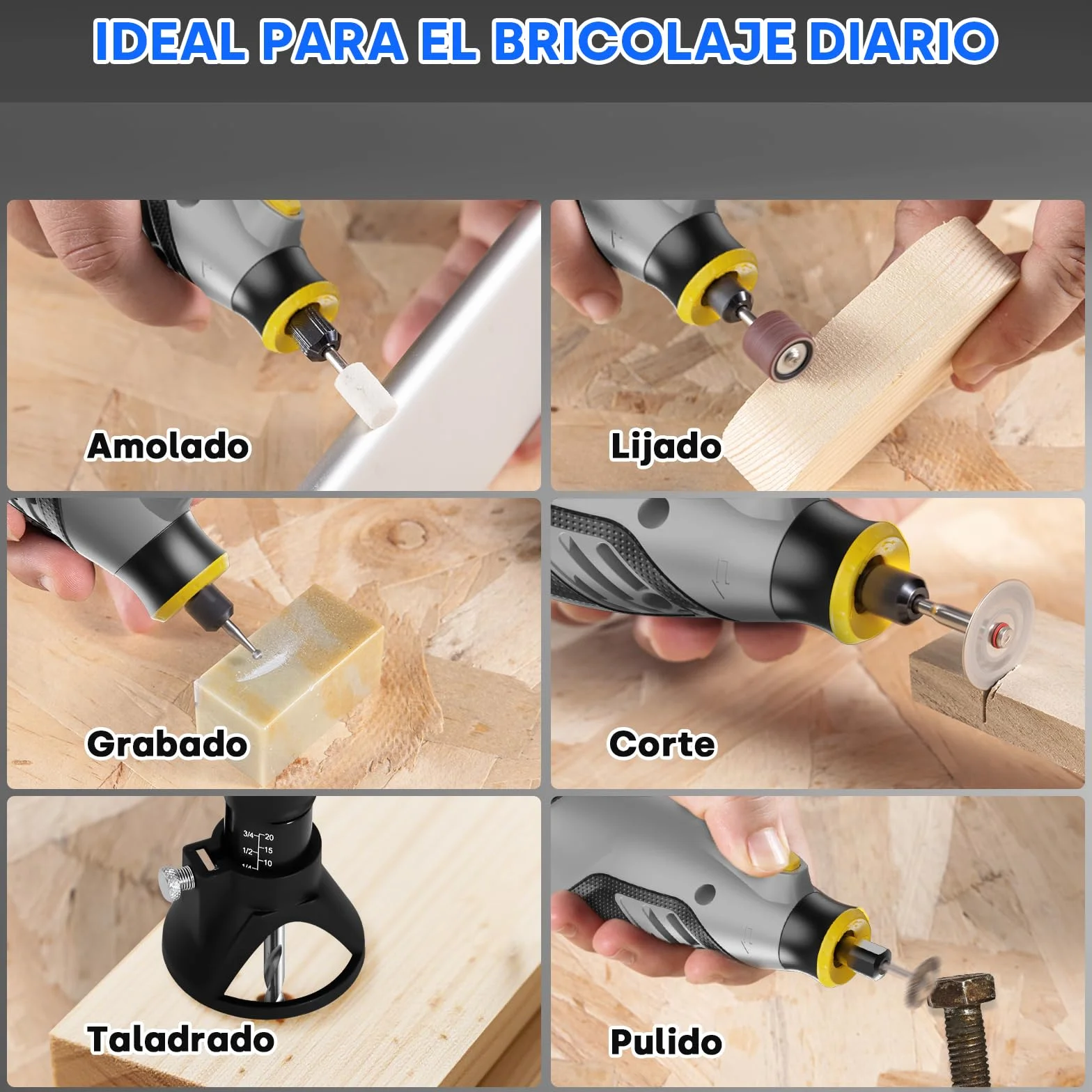Enventor Mini Amoladora Eléctrica 130W con 206 Accesorios, Mini Herramienta Rotativa Multifunción con 6 Velocidades Ajustables, 10000-35000RPM, para Grabar, Aamolar, Pulir, Taladrar