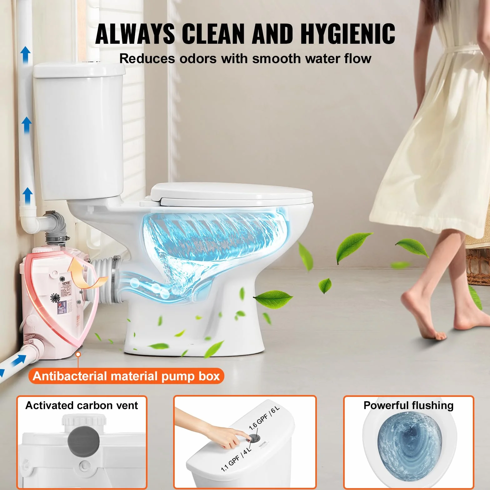 VEVOR Inodoro Sanitario Potente Bomba de Elevación de 500 W Sistema de Inodoro Compacto con Descarga Trasera e Inodoro de Descarga, 3 Entradas, para Eliminación Aguas Residuales, Sótano, Blanco