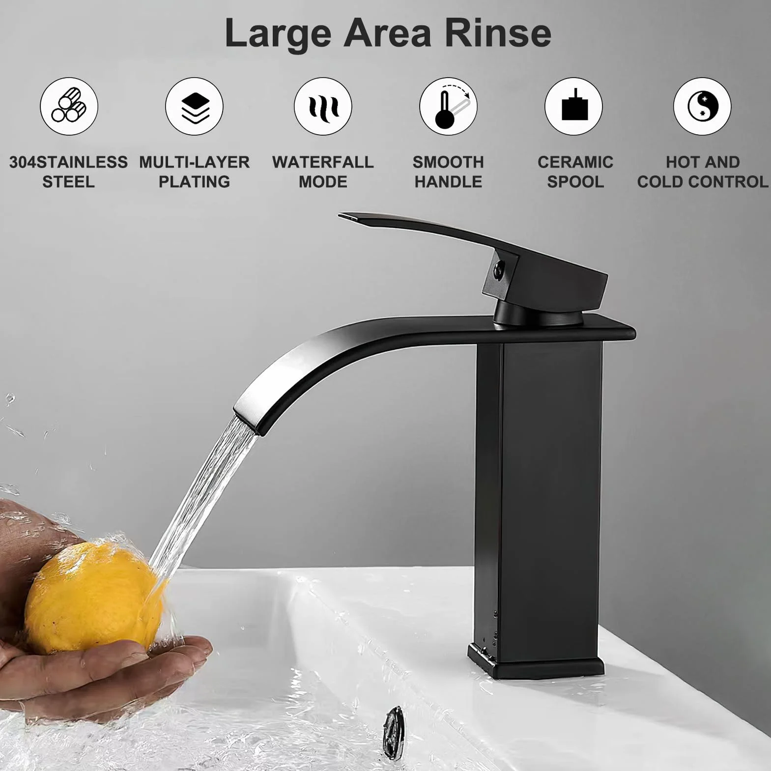 Grifo de cascada y lavabo, caño cascada, acero inoxidable, caliente y frío, vertical, altura 24,5 cm