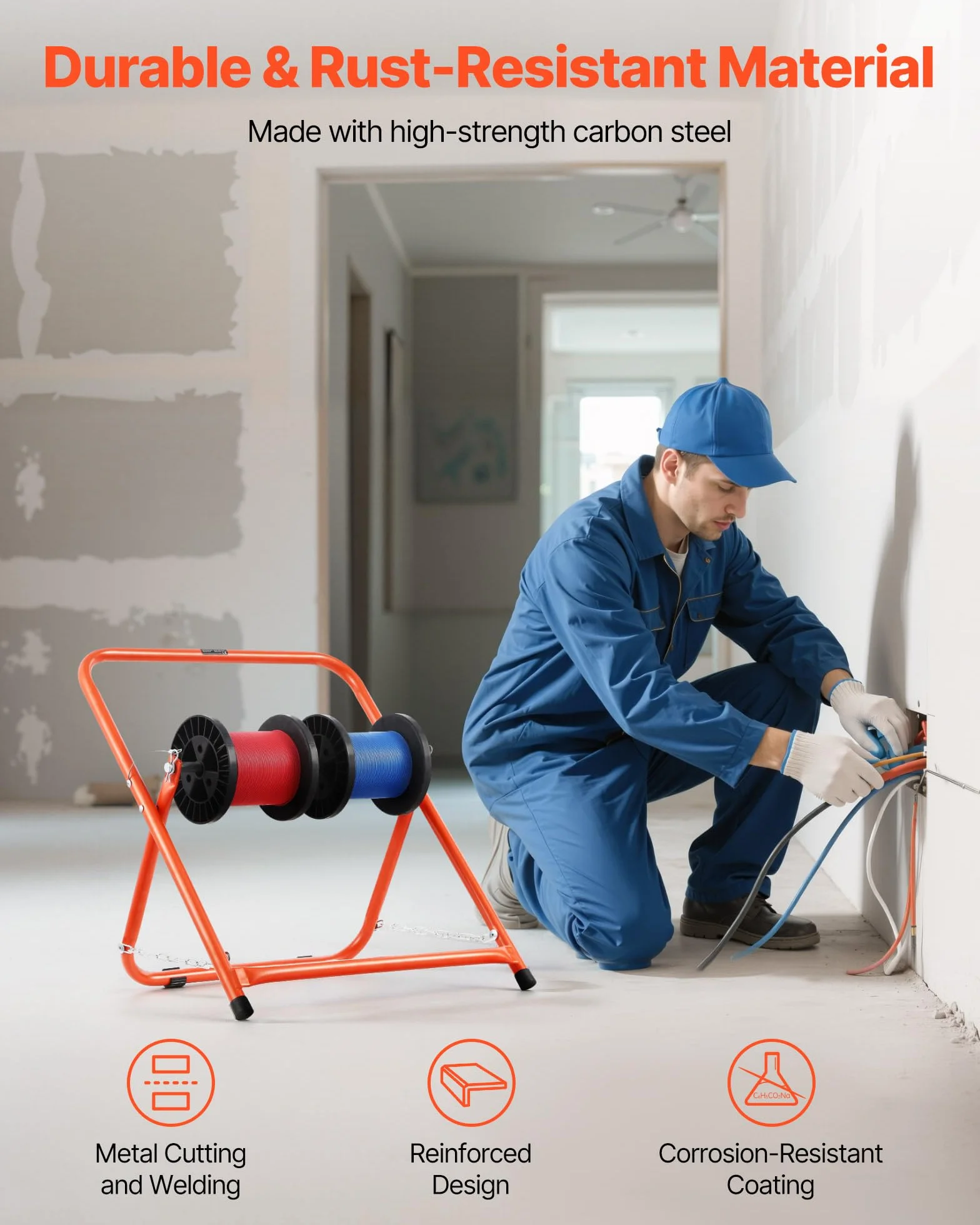 VEVOR Organizador de Cables, Soporte para Carretes de Cables Eléctricos Dispensador Portátil de Alambre para Carretes de Hasta 50 cm de Diámetro, Capacidad de 45 kg para Uso Industrial, Eléctrico
