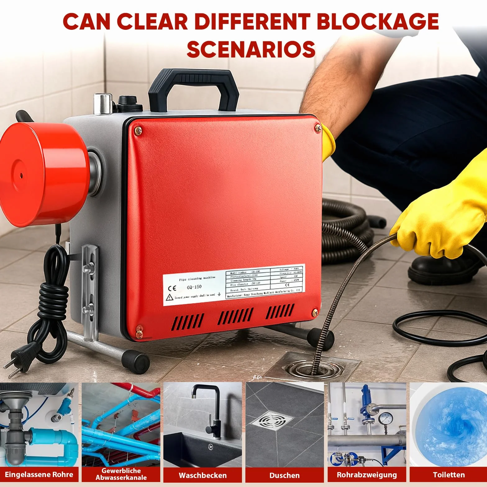 850W Máquina de Limpieza de Tuberías, Limpiador de Desagües Eléctrico de 400 rpm, Desatascador Eléctrico de Tuberías con Espirales de 16mm y 10mm Adecuado para Tubos de Ø20-100mm 20M Spiralen