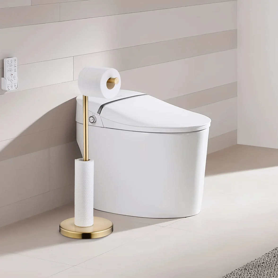 Soporte para Papel higiénico Dorado con Reserva, Soporte Independiente para Rollo de Papel higiénico, Moderno Acabado en Oro Cepillado, Acero Inoxidable Sus 304, Beelee BA7782BG