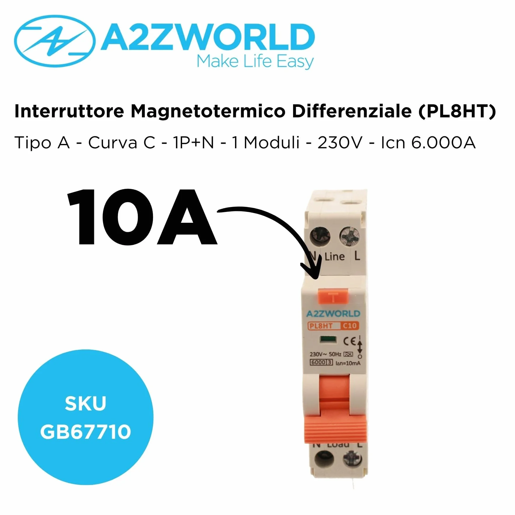 Interruptor diferencial magnetotérmico 10 mA para zonas húmedas, 10 A C10, RCBO tipo A curva C, 1 módulo DIN, 1P+N 6 kA 220 V, serie PL8HT profesional
