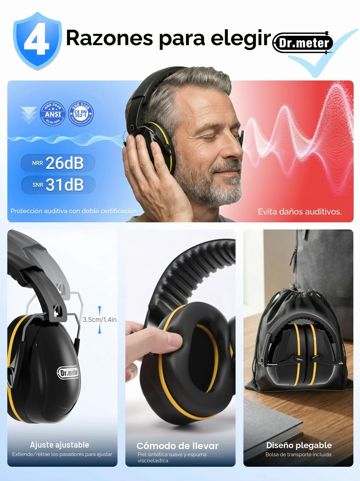 Dr.meter Cascos Antiruido Adultos 31dB Ajustables Protectores Auditivos para Trabajo Construcción Tiro Deportivo Estudio Negro Amarillo