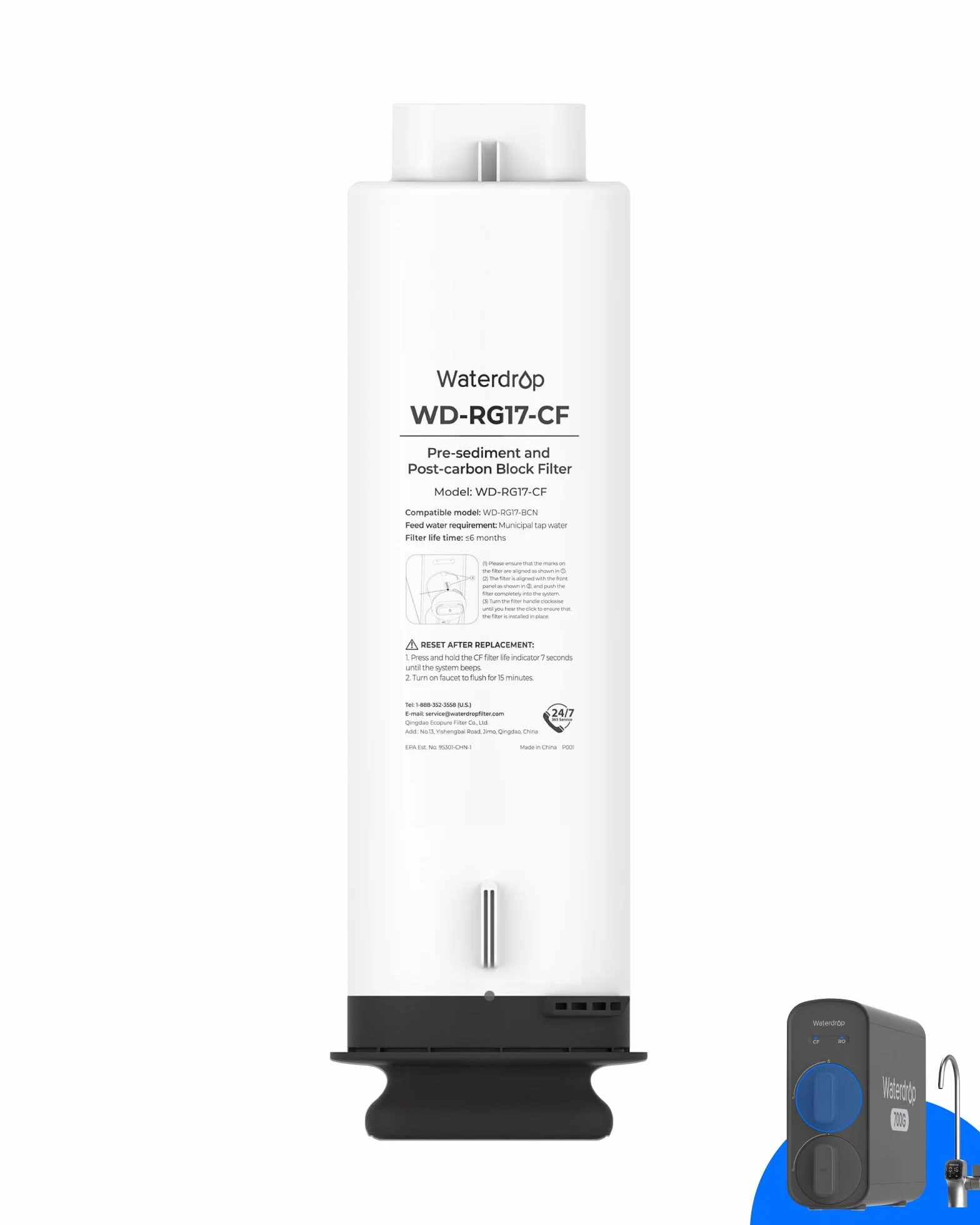 Waterdrop WD-G5P700-CF Filtro, Repuesto para el Sistema de Ósmosis Inversa WD-G5P700 Bajo Fregadero, 6 Meses de Vida Útil