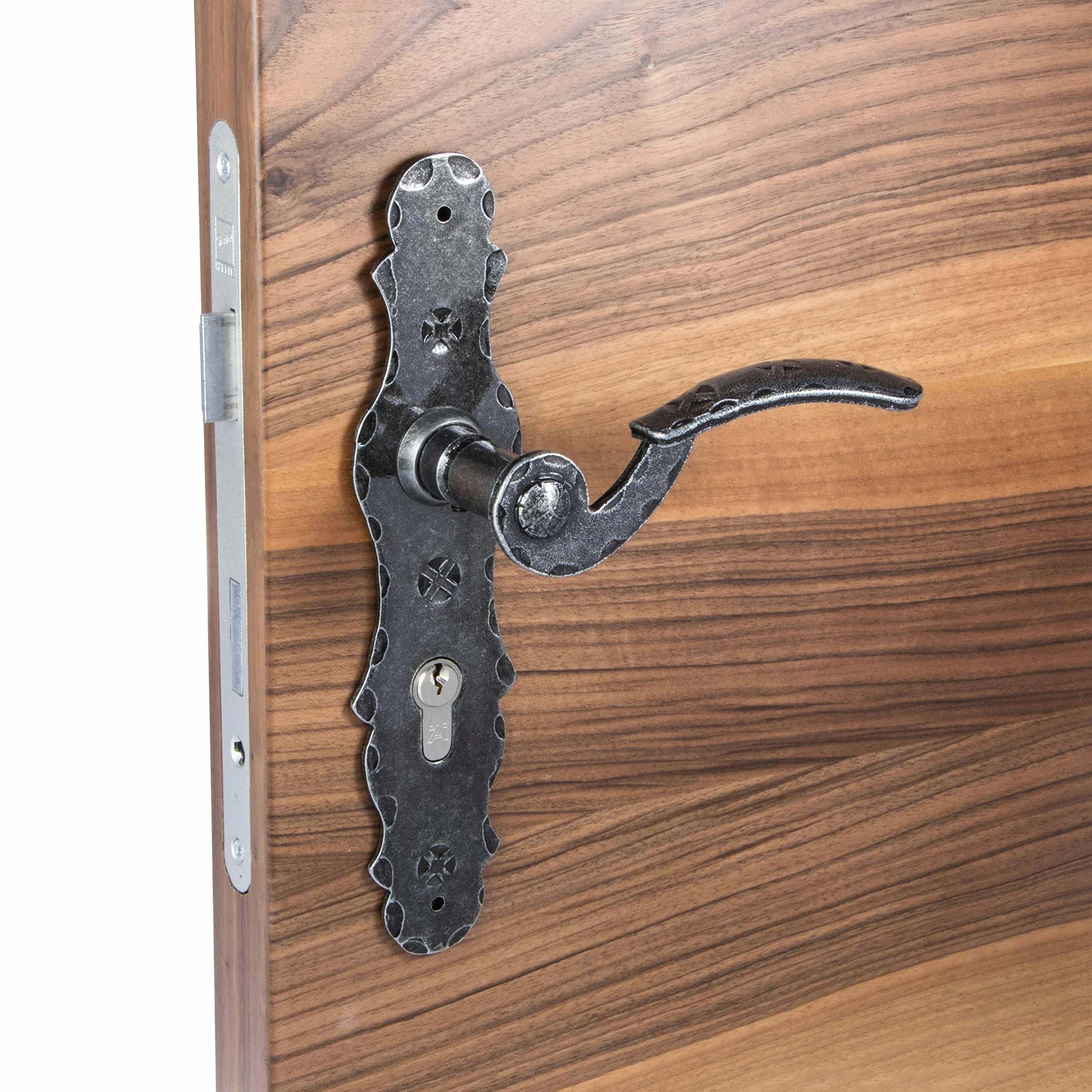 GedoTec Cortina de intercambio BOTÓN PULSADOR Herraje puerta Manijas de puerta en Placa larga Modelo BERN Antiguo Hierro forjado PZ 72 mm Izquierda Pomo puerta pintado de negro/plata patinado - rechts